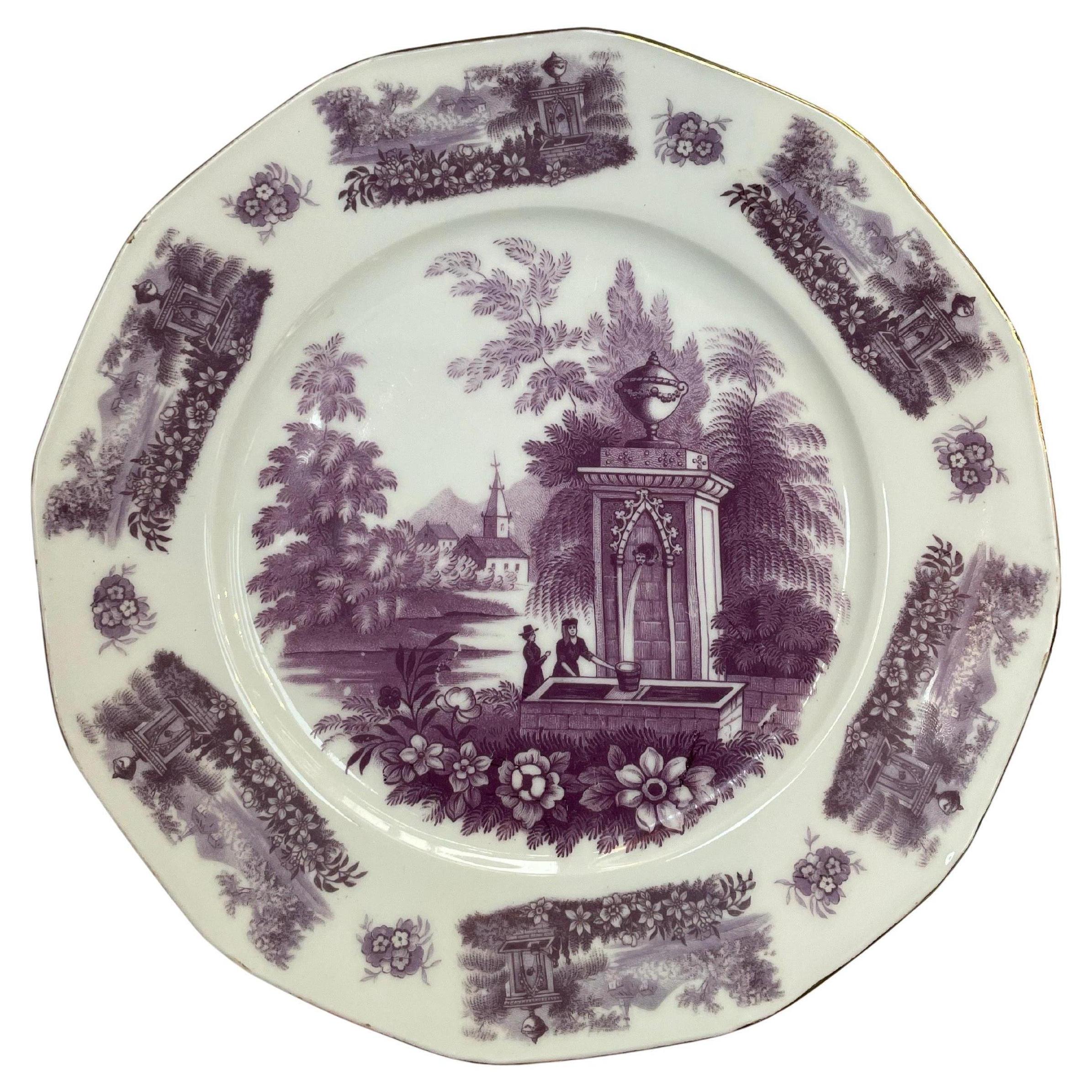 Set of 11 Early 20th Century Czech Purple Transferware Plates with Gilt Trim For Sale