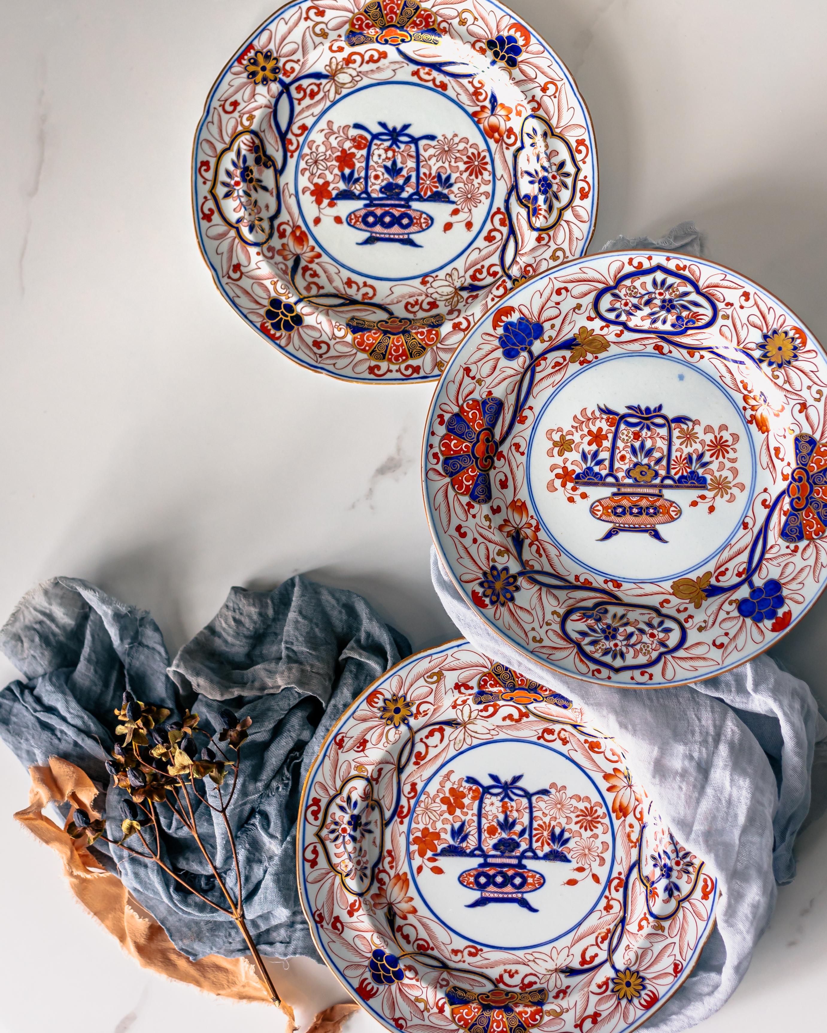 A set of 11 Imari style ironstone dessert dishes, made by Spode circa 1815.

Josiah Spode II began producing stone china in 1813 as an alternative to porcelain. Stone china, also known as ironstone due to its hard and durable fabric, became famous