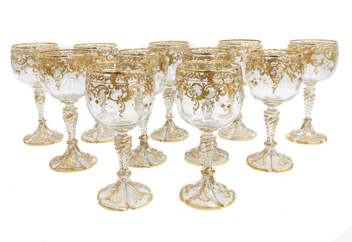 What an exquisite set of goblets for your table. Such detailing and they are in gorgeous antique very good condition. We love their elaborately molded and gold decorated multi step twist stems and the pretty petal form shape of their bases. They