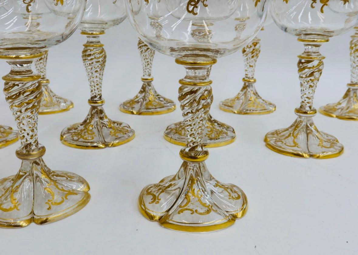 Czech Set of 11 Elegant Antique Raised Elaborate Gilt Goblets, Moser 19th Century For Sale