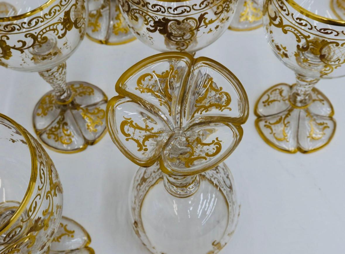 Hand-Crafted Set of 11 Elegant Antique Raised Elaborate Gilt Goblets, Moser 19th Century For Sale