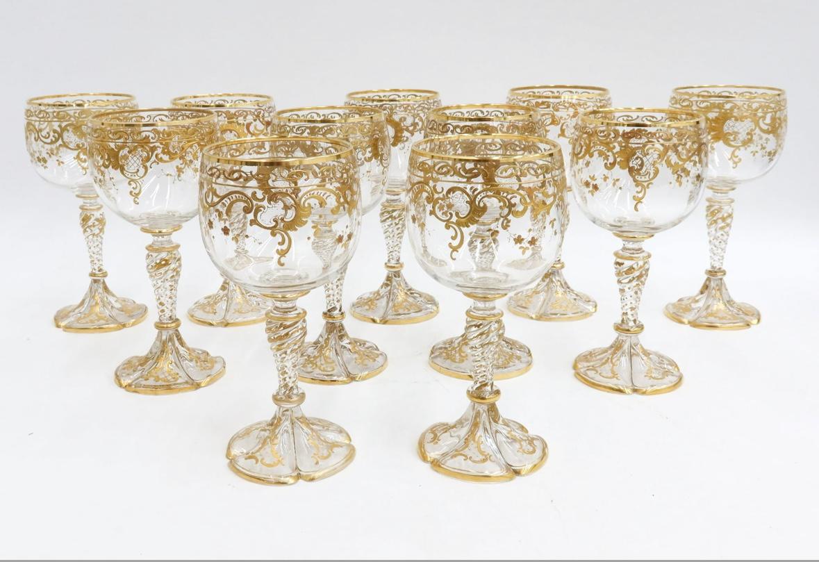 Set of 11 Elegant Antique Raised Elaborate Gilt Goblets, Moser 19th Century In Good Condition For Sale In West Palm Beach, FL