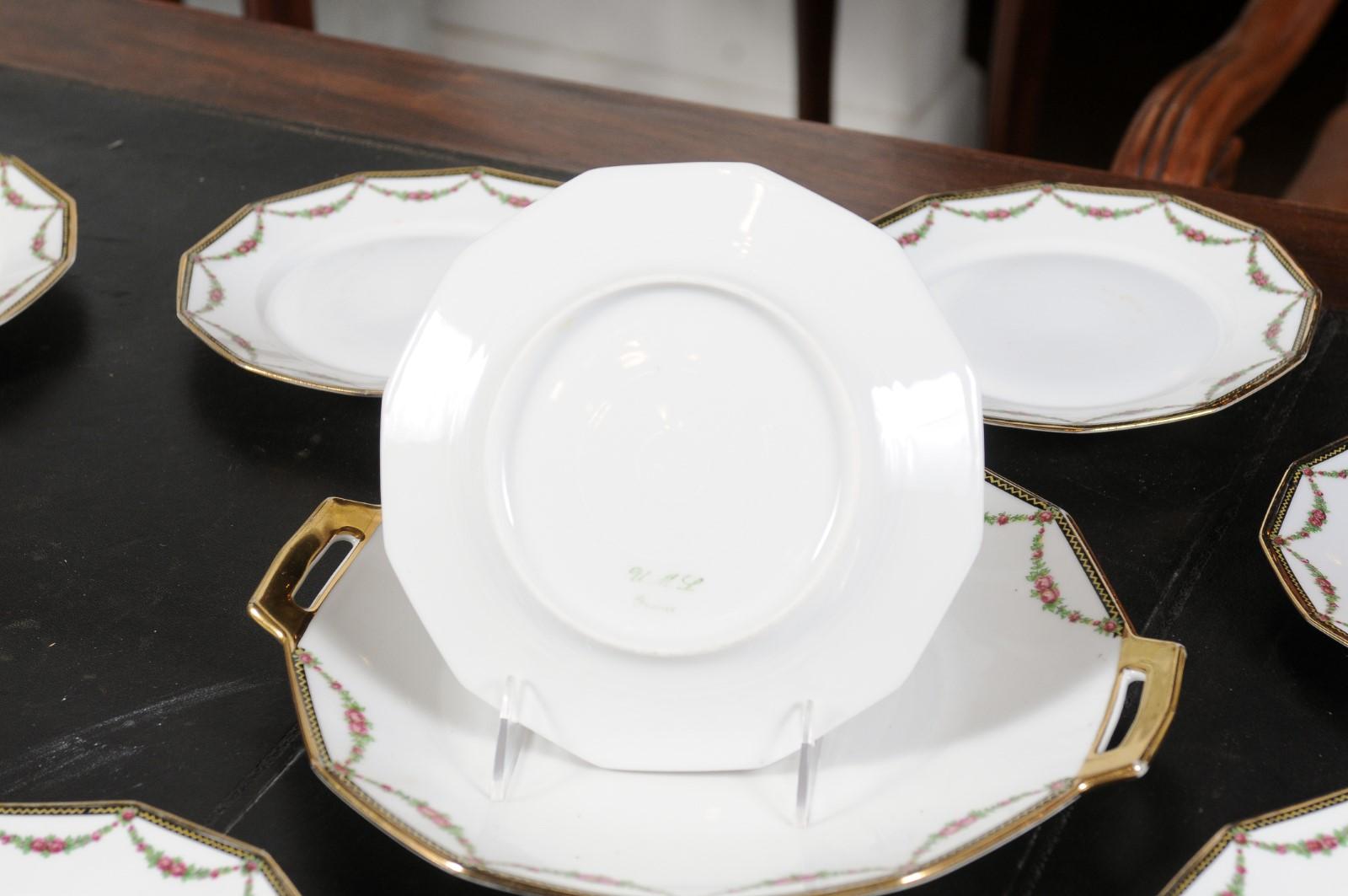 Set of 11 French Larchevêque UML Limoges Porcelain Dessert Plates and Platter In Good Condition For Sale In Atlanta, GA