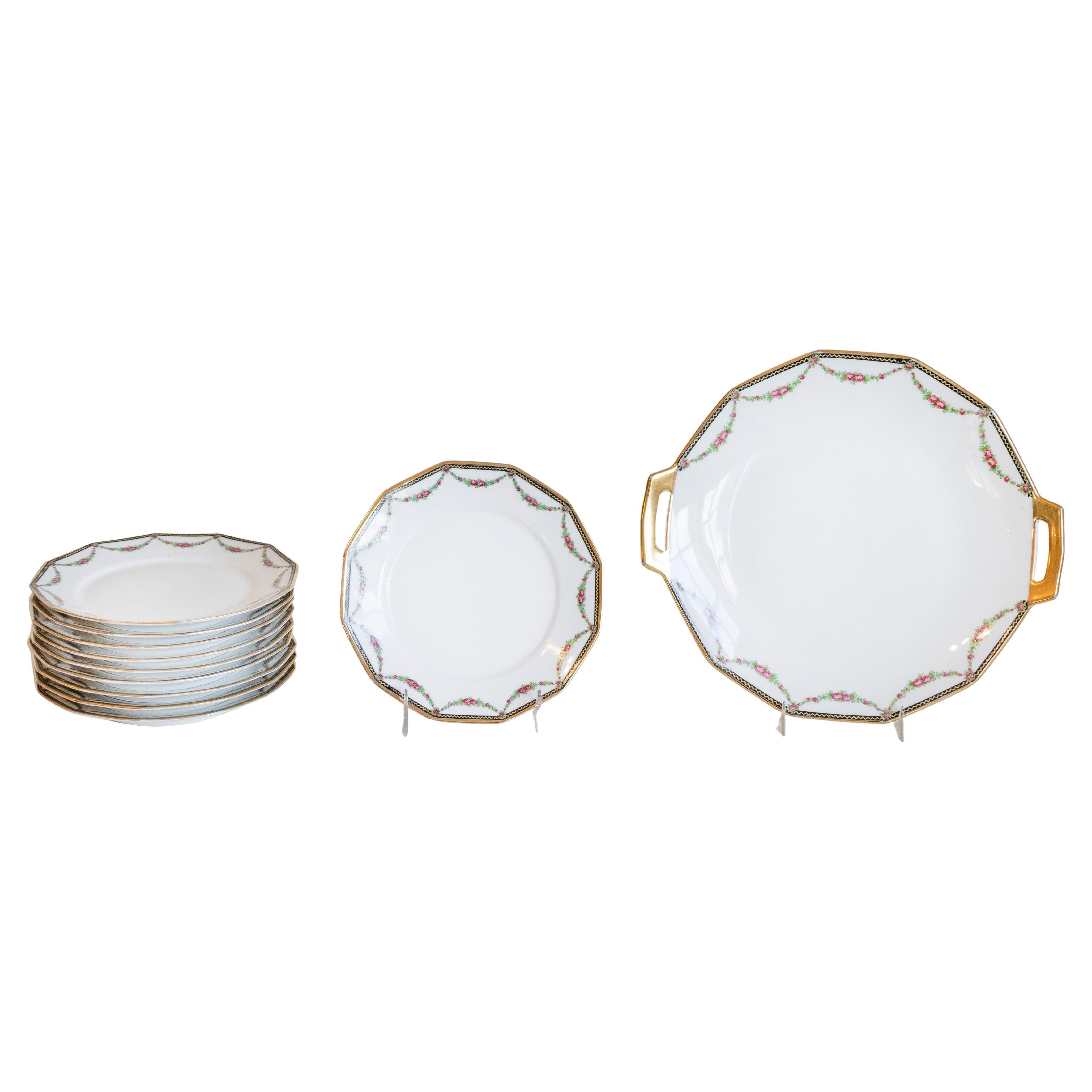 Set of 11 French Larchevêque UML Limoges Porcelain Dessert Plates and Platter