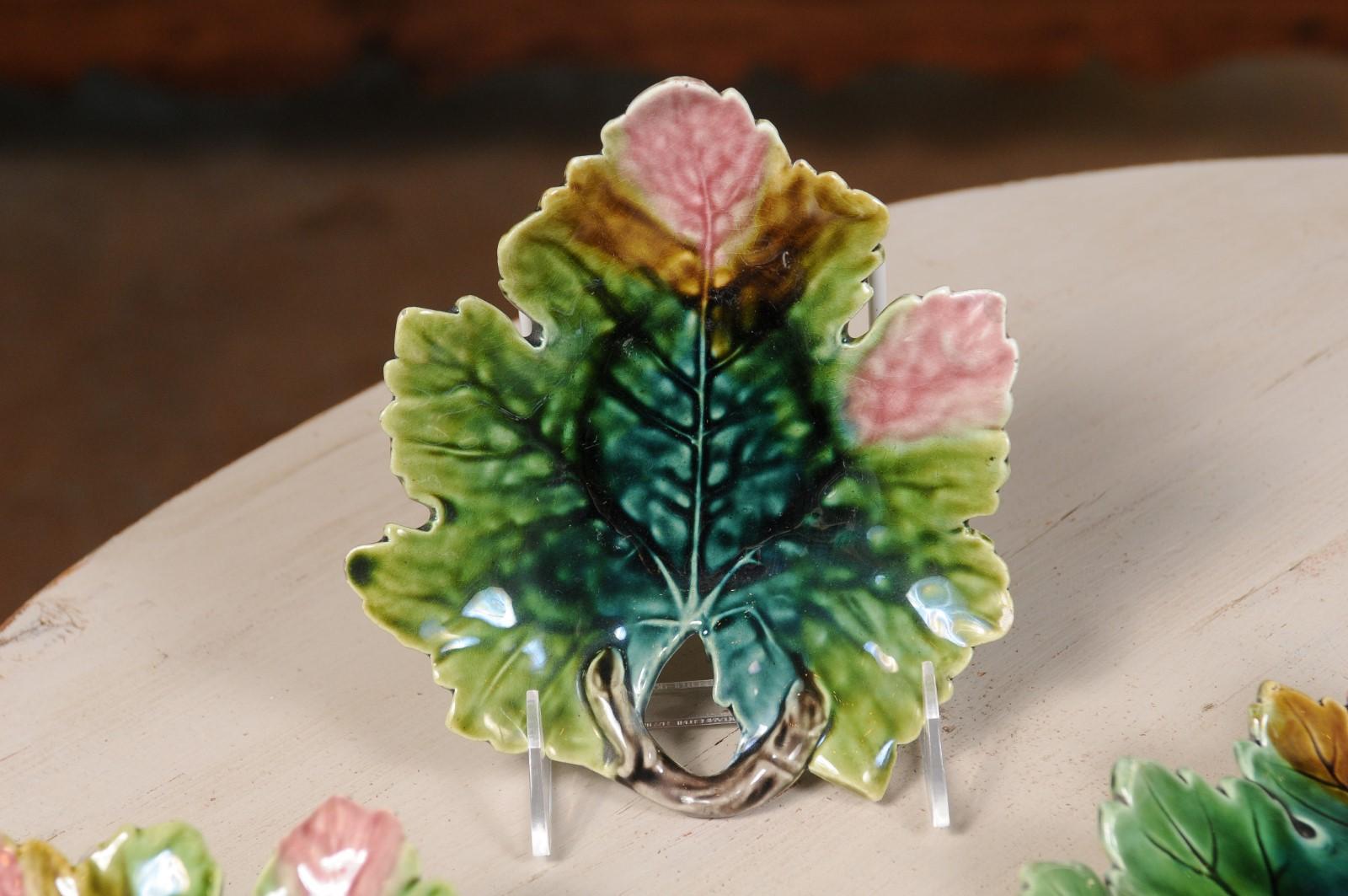 19th Century Set of 11 French Majolica Leaf Dinner Plates with Pink, Green and Brown Décor