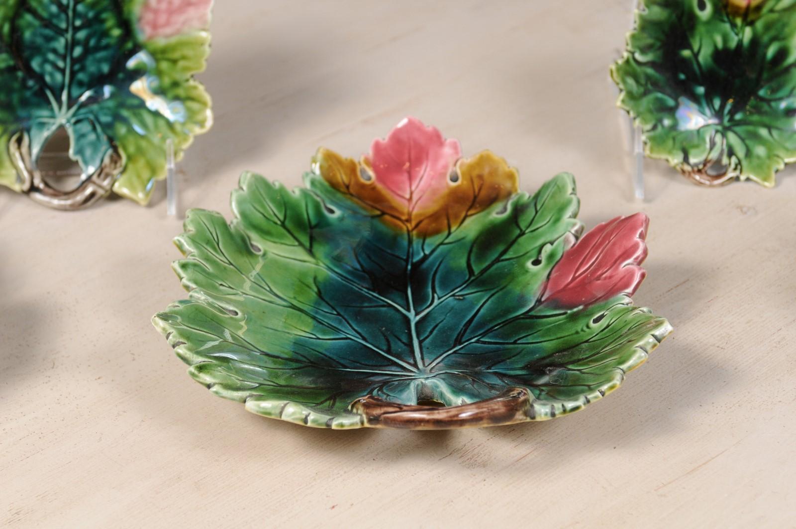 Set of 11 French Majolica Leaf Dinner Plates with Pink, Green and Brown Décor 1