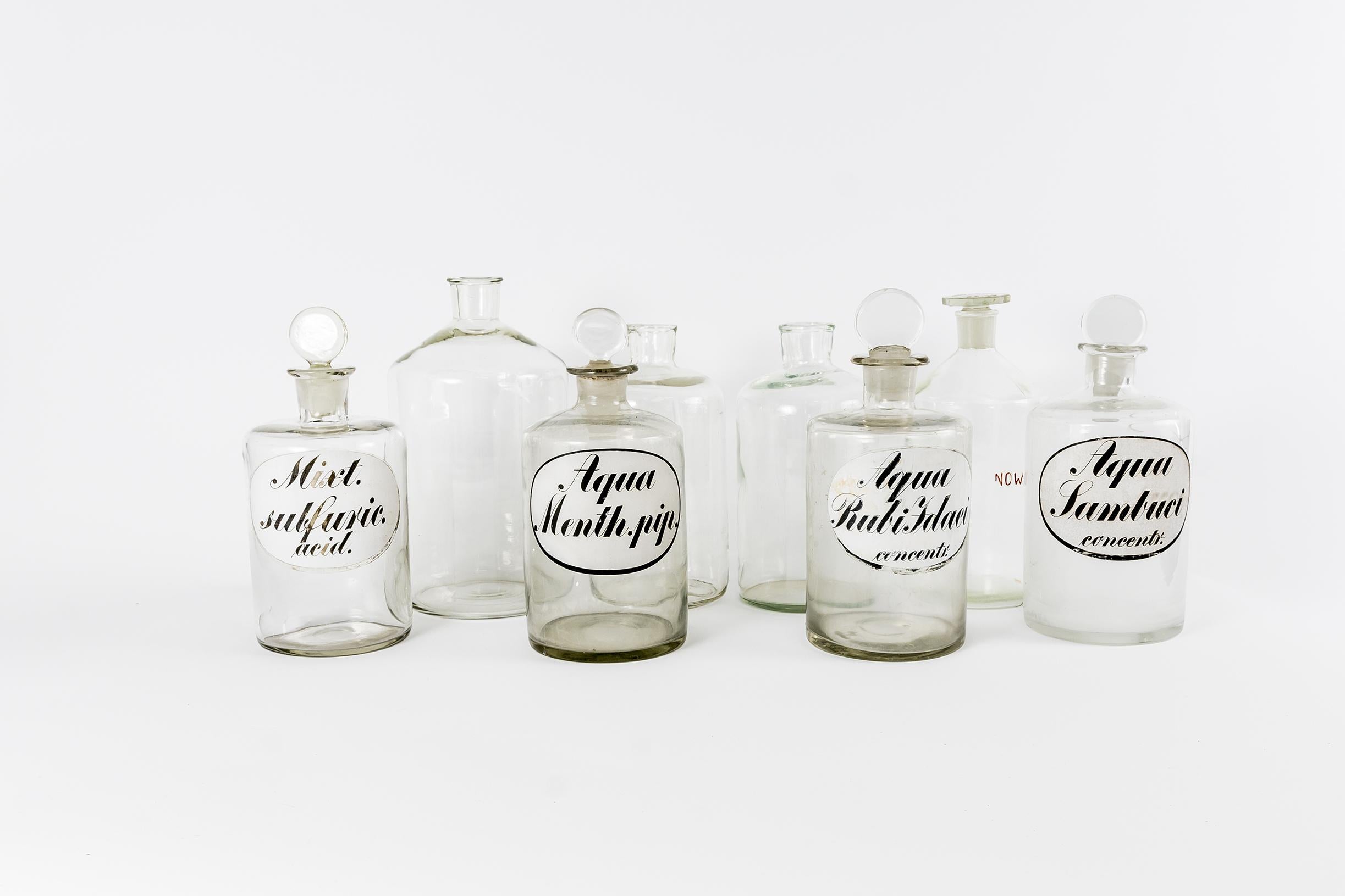 Mid-Century Modern Set Of 11 Glass Pharmacy Bottles, 1920s, Germany For Sale