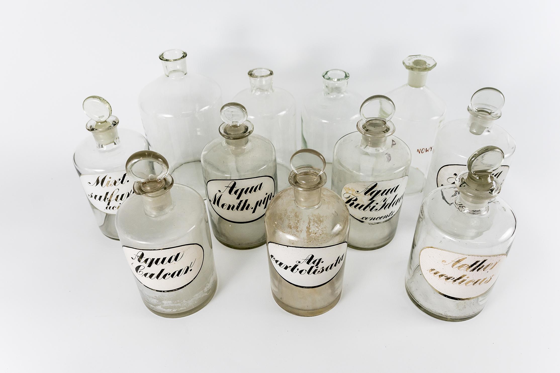 Early 20th Century Set Of 11 Glass Pharmacy Bottles, 1920s, Germany For Sale