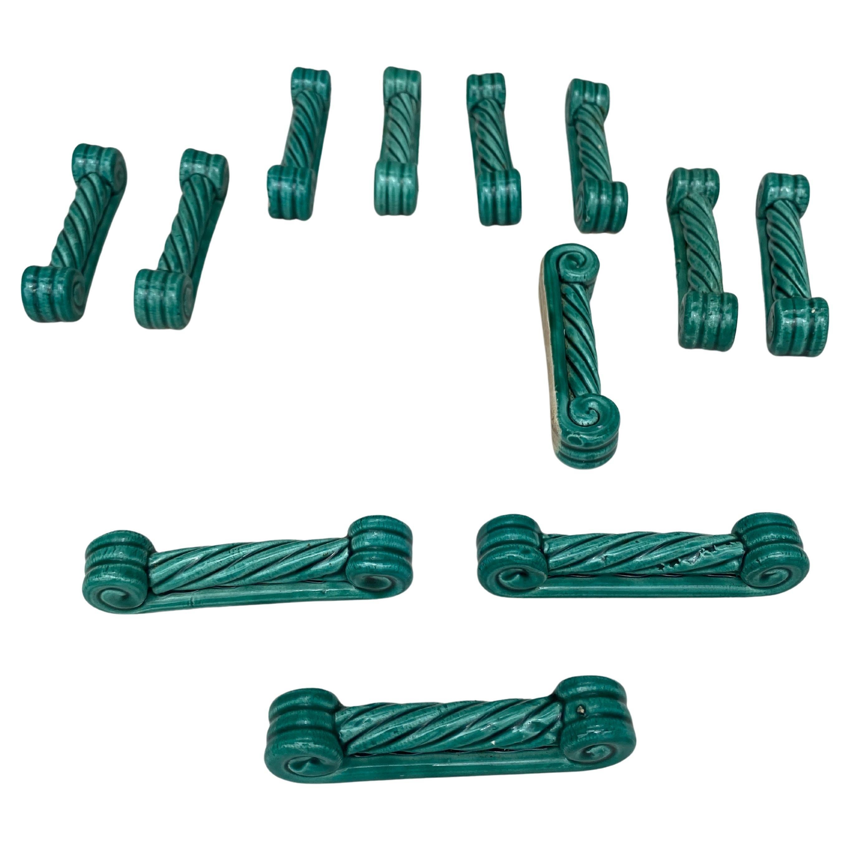 Mid-Century Modern Set of 11 Green Majolica Knife Rests Vallauris, circa 1950 For Sale