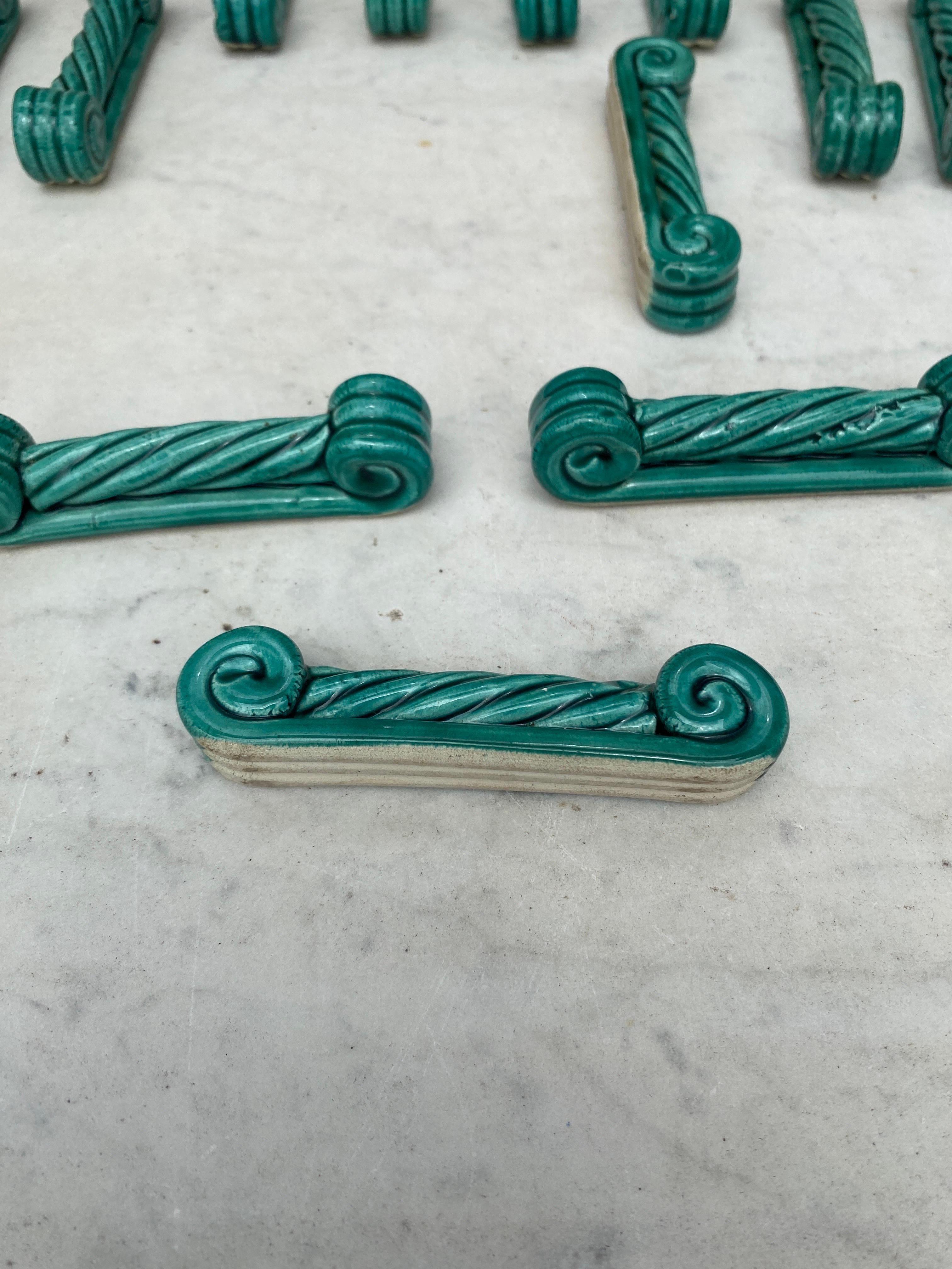 French Set of 11 Green Majolica Knife Rests Vallauris, circa 1950 For Sale