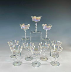 Set of 11 Hand Blown Iridescent Champagne Coupes Lobmeyr W/ Ribbon Twist Stem