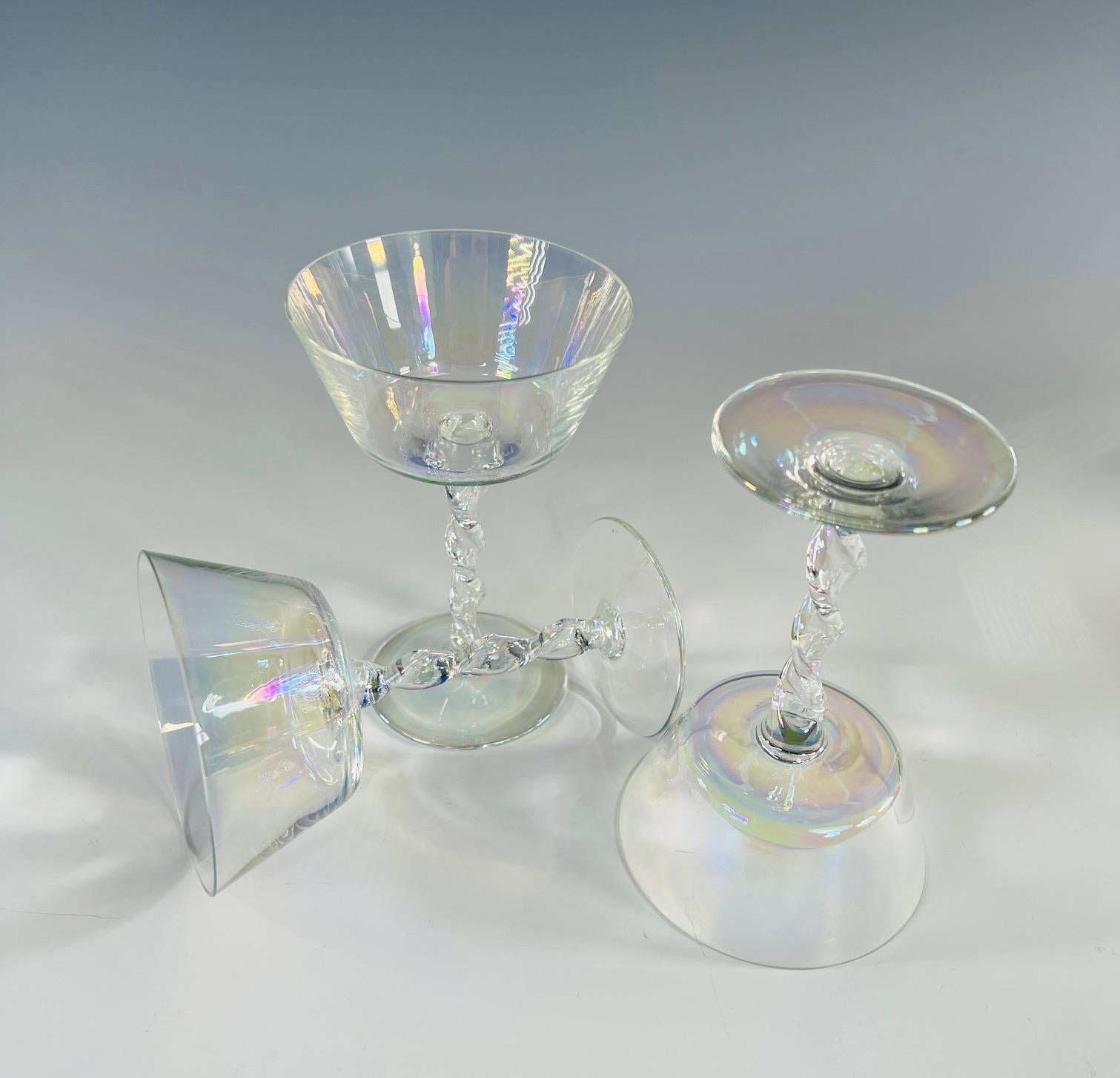 Set of 11 Hand Blown Iridescent Champagne Coupes Lobmeyr W/ Ribbon Twist Stem In Excellent Condition For Sale In Great Barrington, MA