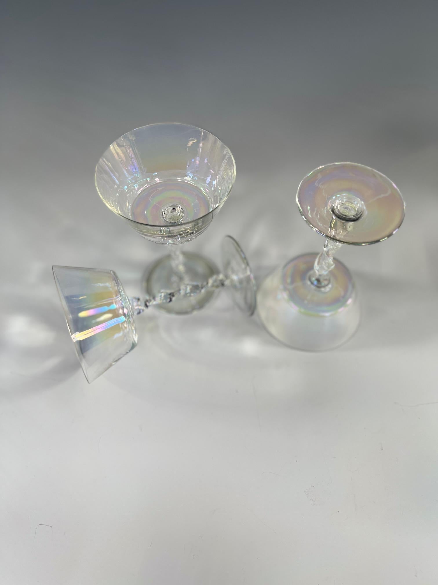 Mid-20th Century Set of 11 Hand Blown Iridescent Champagne Coupes Lobmeyr W/ Ribbon Twist Stem For Sale