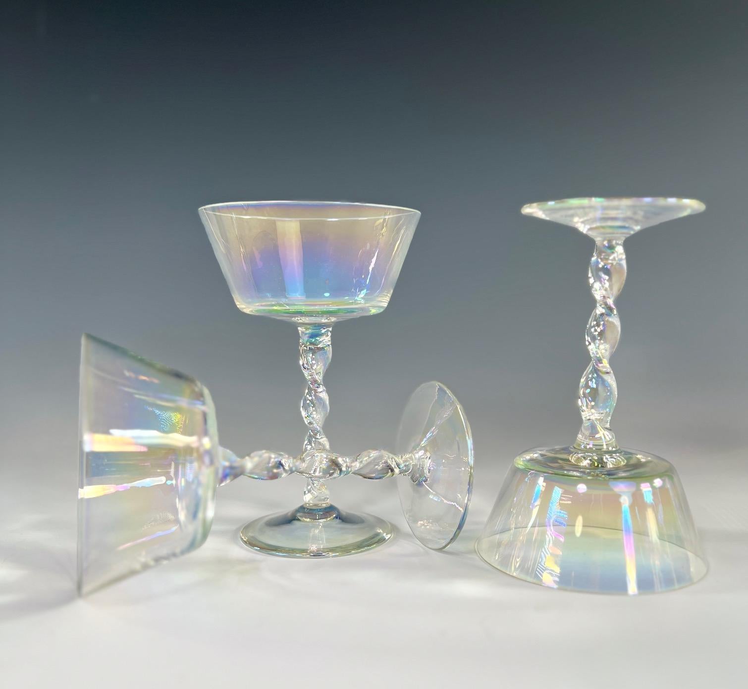 Blown Glass Set of 11 Hand Blown Iridescent Champagne Coupes Lobmeyr W/ Ribbon Twist Stem For Sale