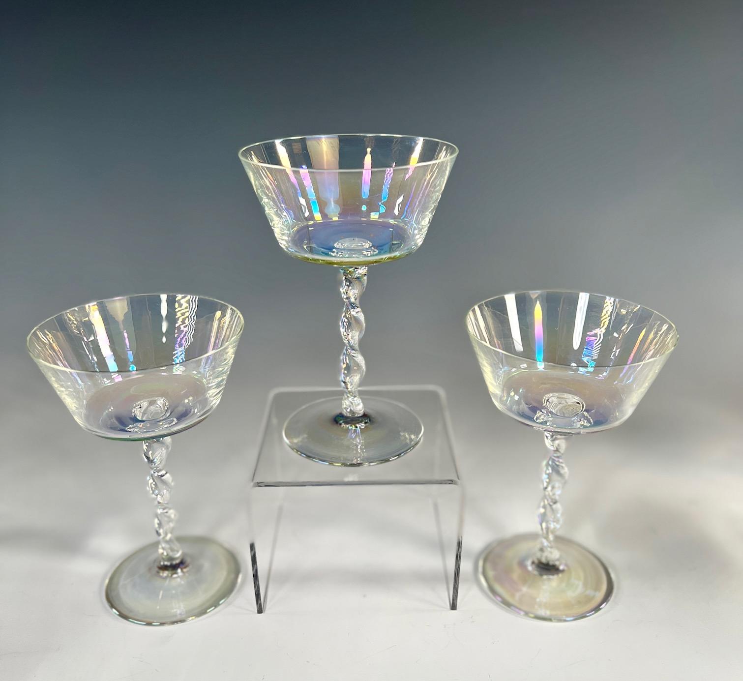 Set of 11 Hand Blown Iridescent Champagne Coupes Lobmeyr W/ Ribbon Twist Stem In Excellent Condition For Sale In Great Barrington, MA