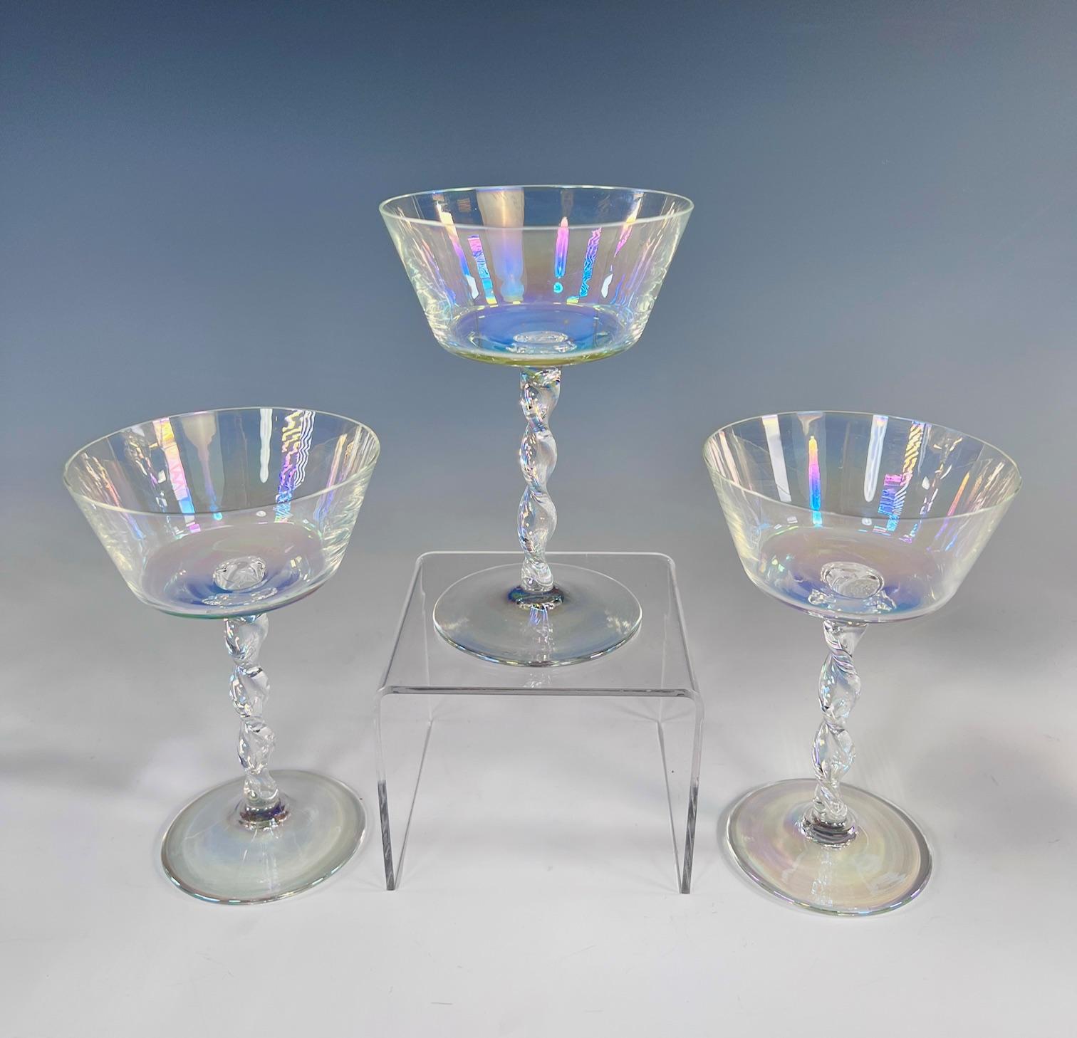 Mid-20th Century Set of 11 Hand Blown Iridescent Champagne Coupes Lobmeyr W/ Ribbon Twist Stem For Sale