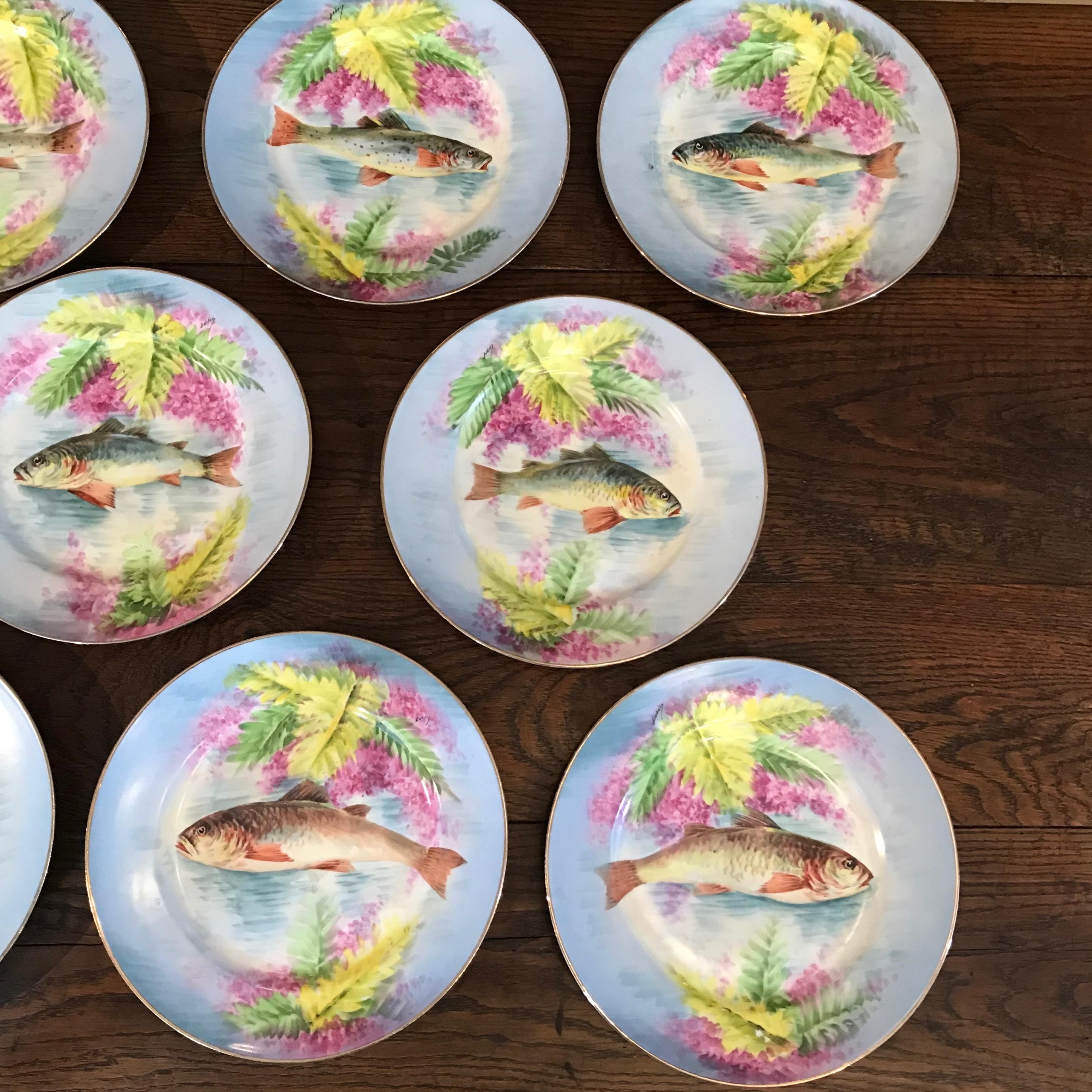 French Set of 11 Limoges B.R Hand Painted Fish Plates