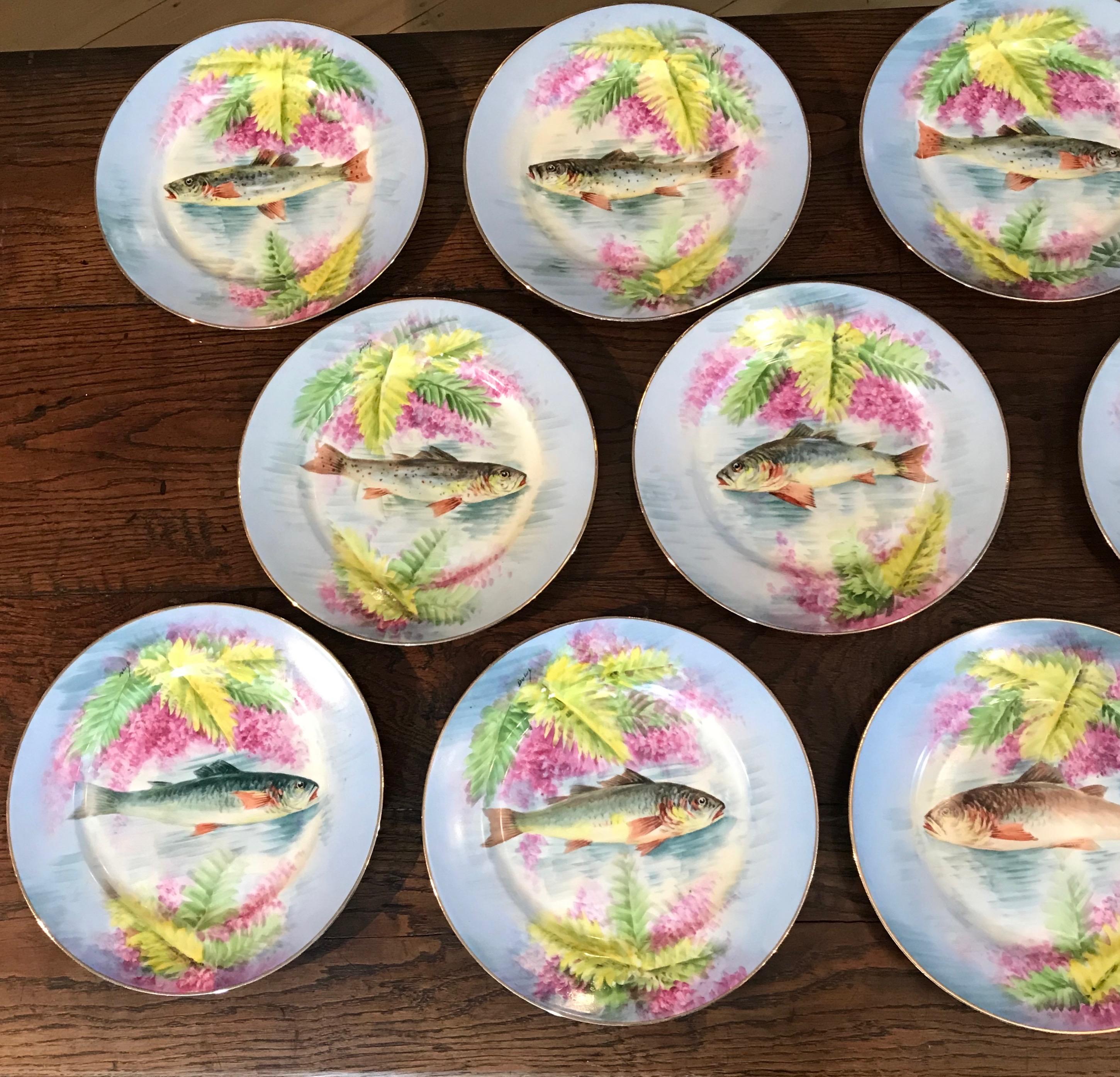 19th Century Set of 11 Limoges B.R Hand Painted Fish Plates