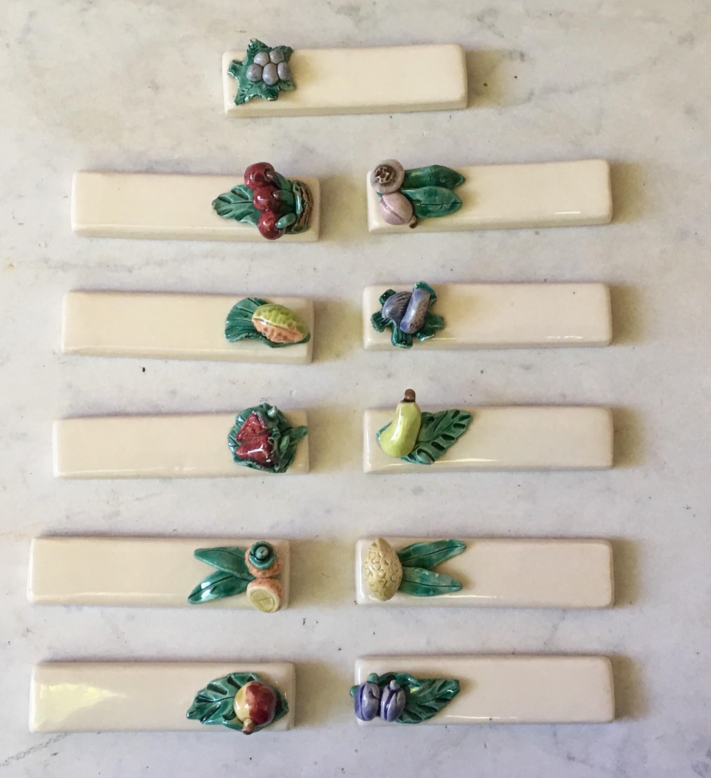French Set of 11 Majolica Knife Rests with Fruits