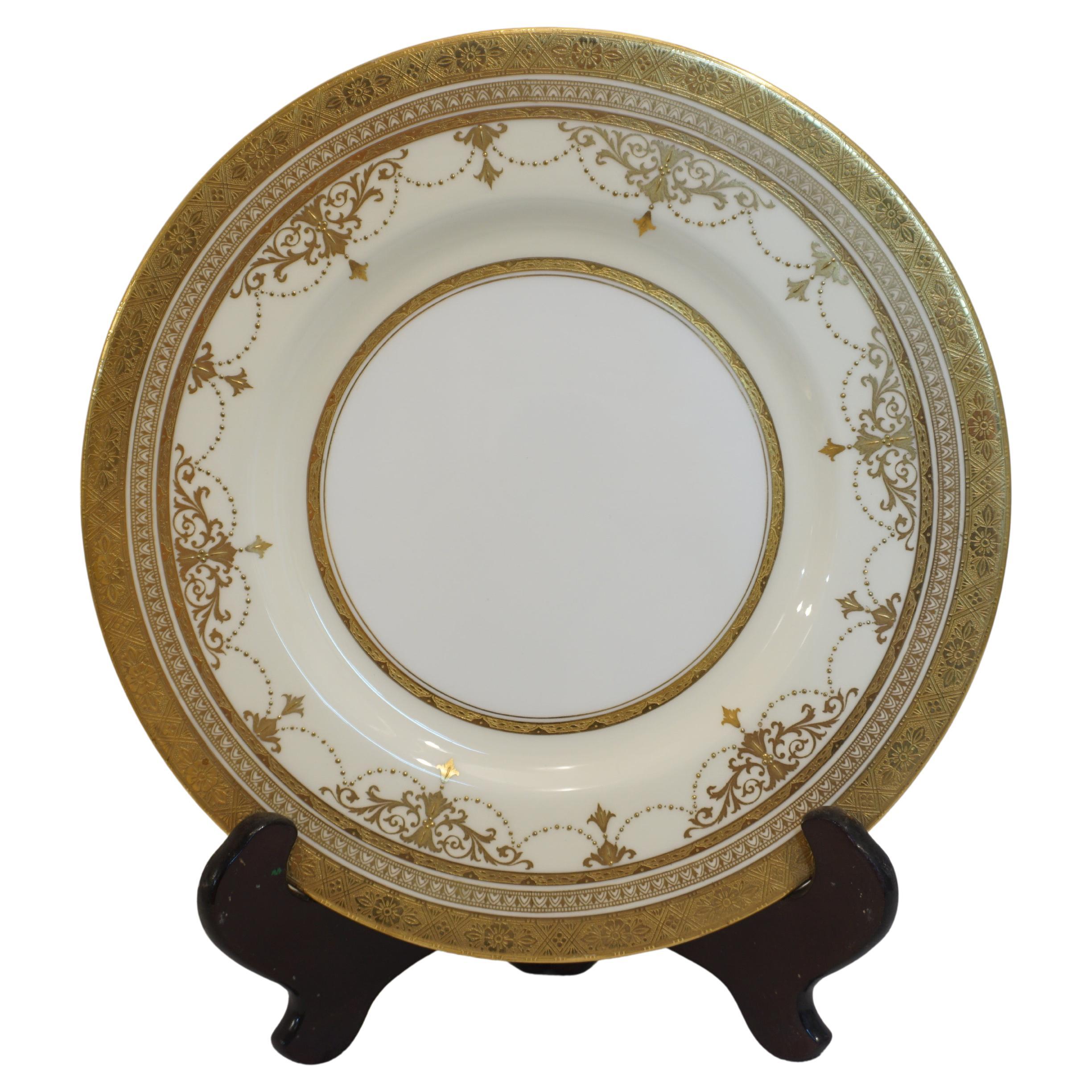 Set of 11 Minton Dinner Plates with Raised Gold Jeweled Garlands and Gold Border For Sale