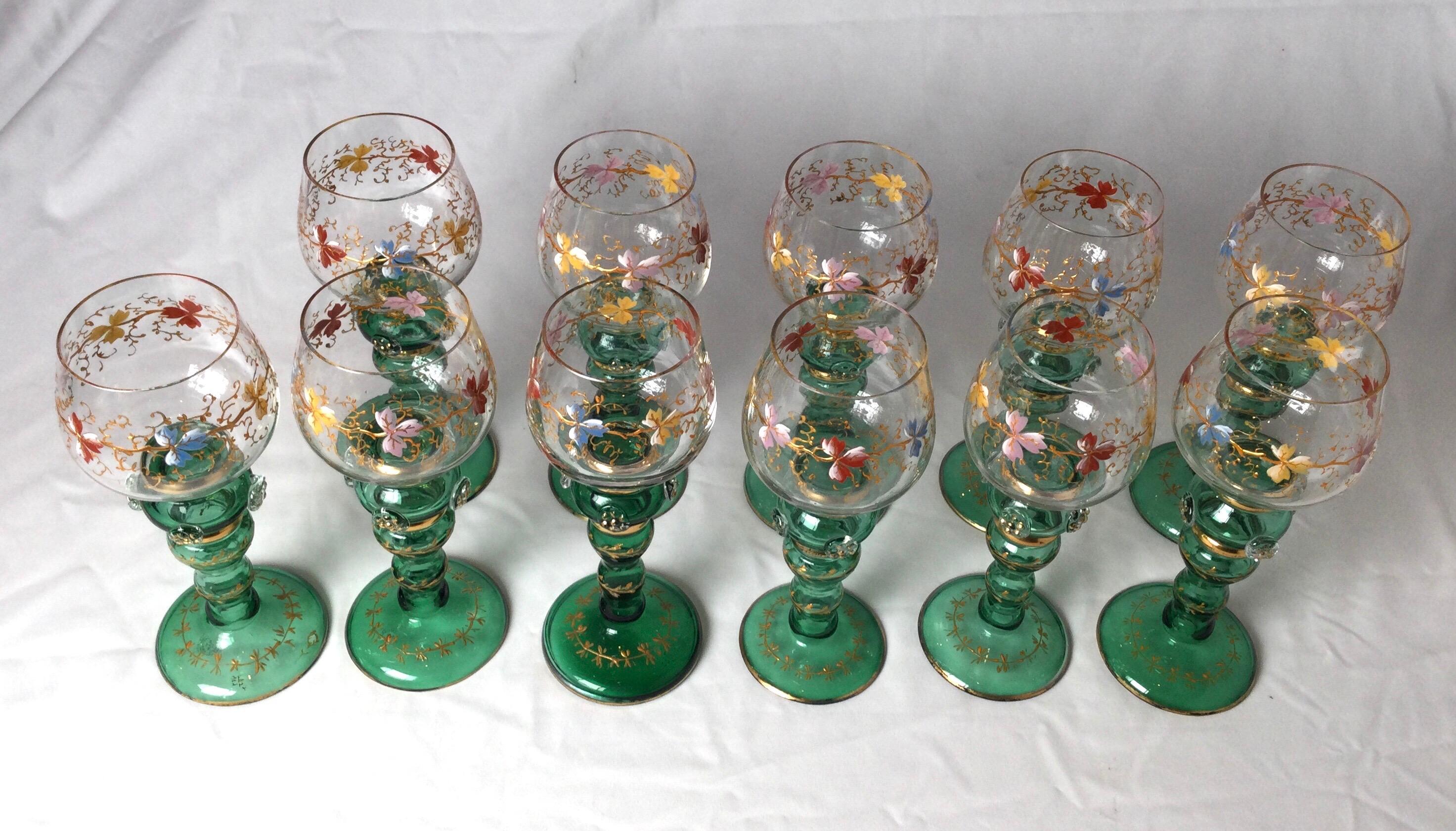 Set of 11 Moser enameled hand painted hand blown glass wine glasses. Each 7 1/4