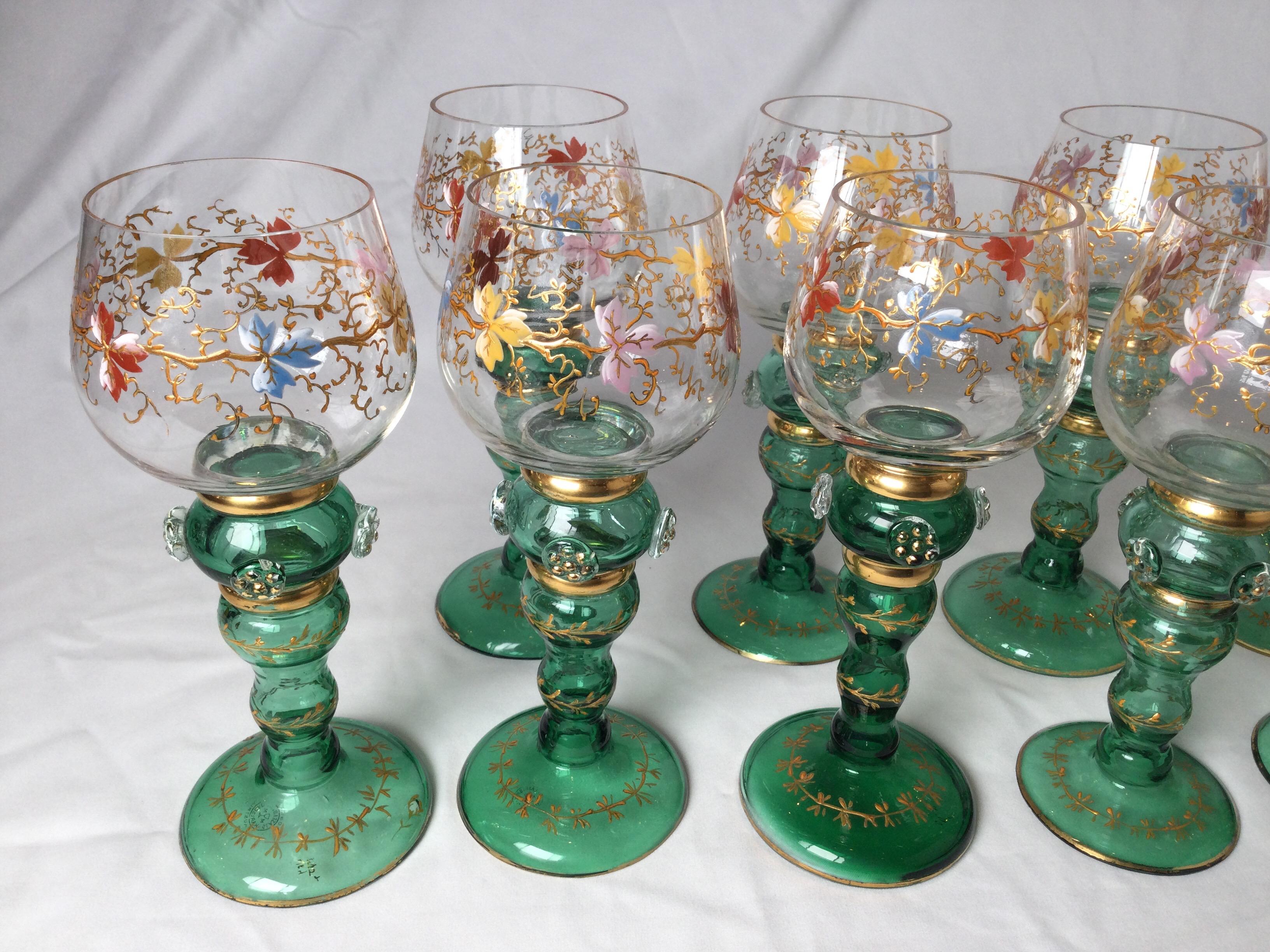Austrian Set of 11 Moser Enameled Hand Painted Hand Blown Glass Wine Glasses