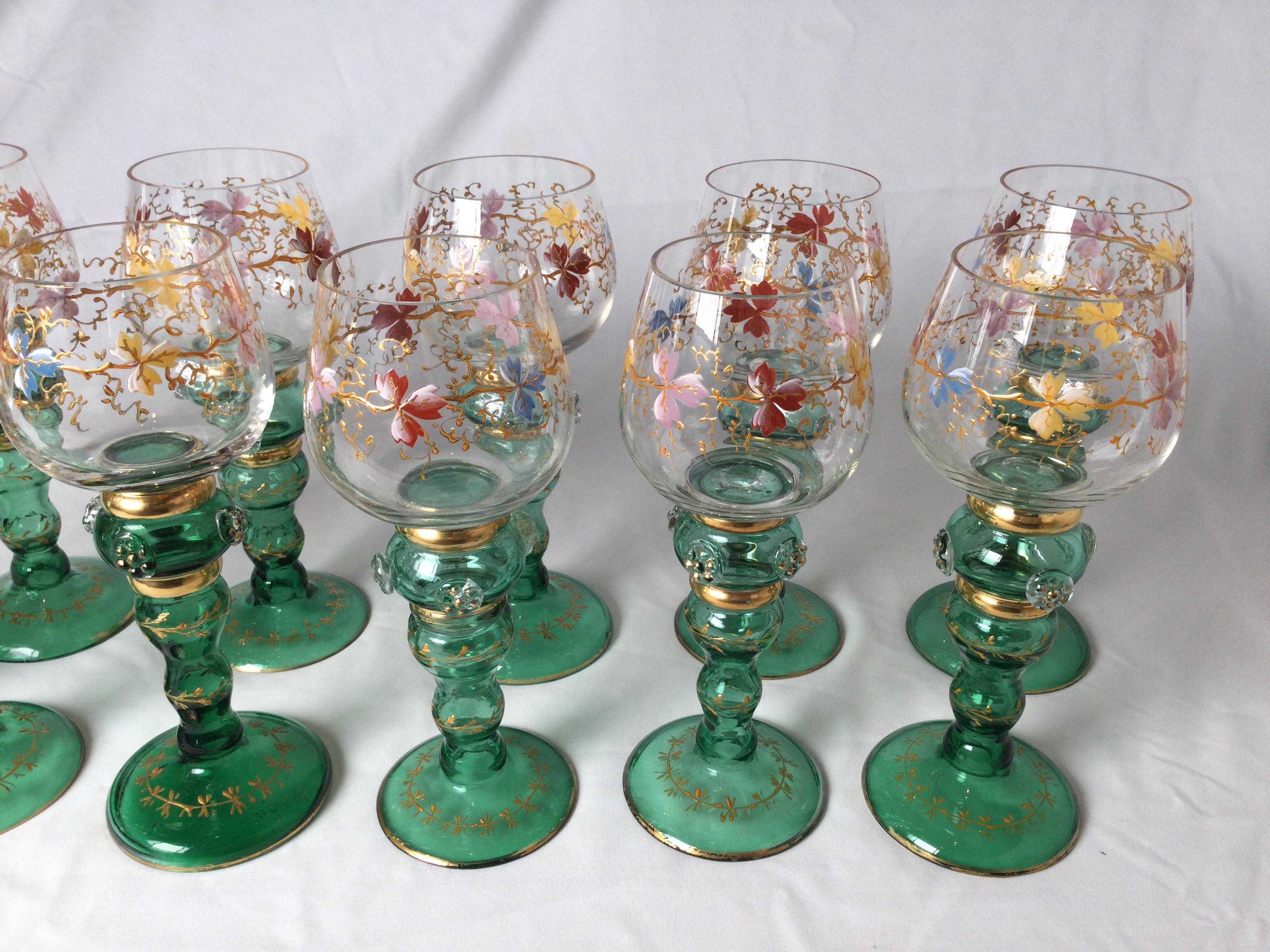 Set of 11 Moser Enameled Hand Painted Hand Blown Glass Wine Glasses In Good Condition In Lambertville, NJ