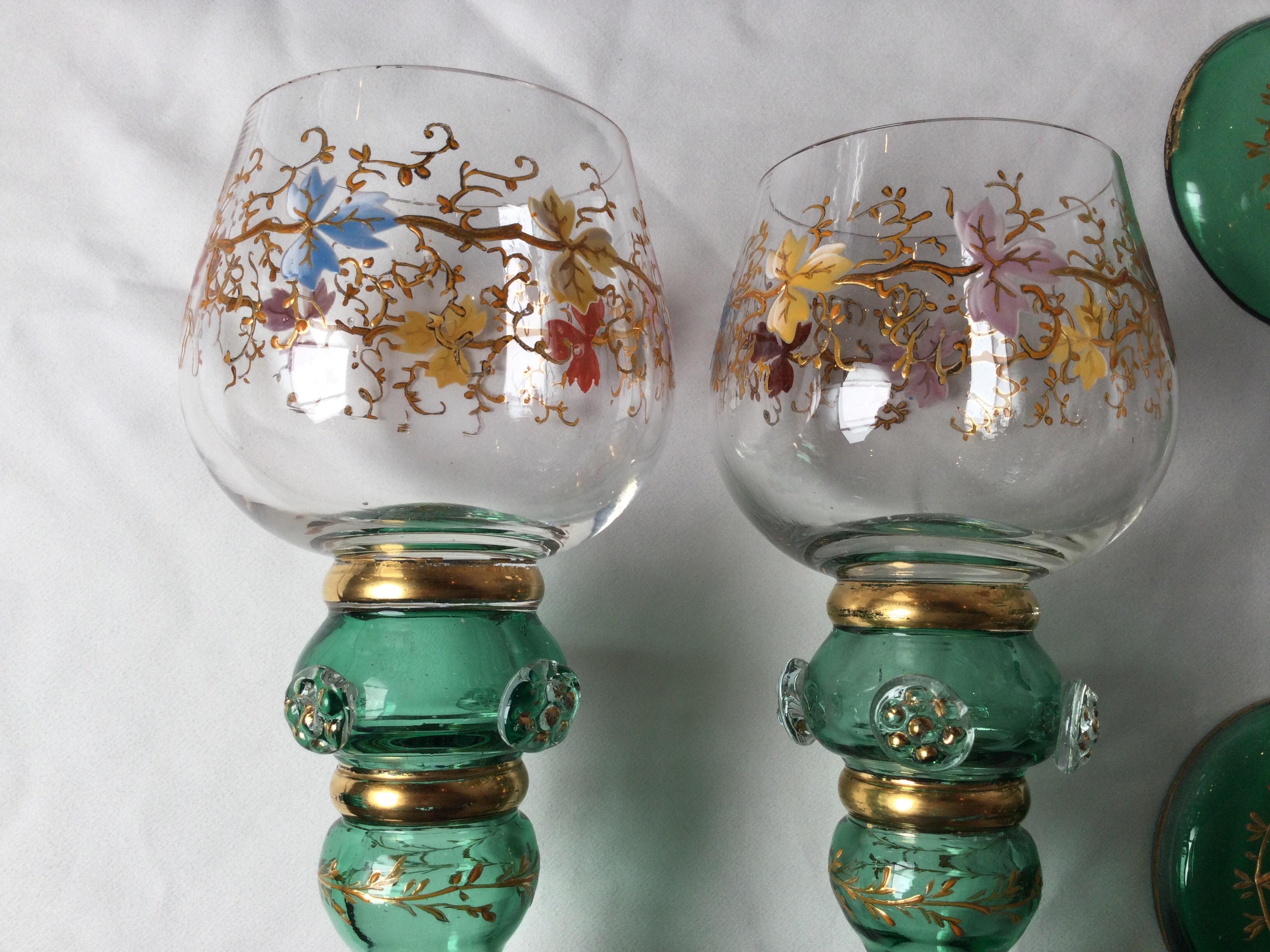 Early 20th Century Set of 11 Moser Enameled Hand Painted Hand Blown Glass Wine Glasses