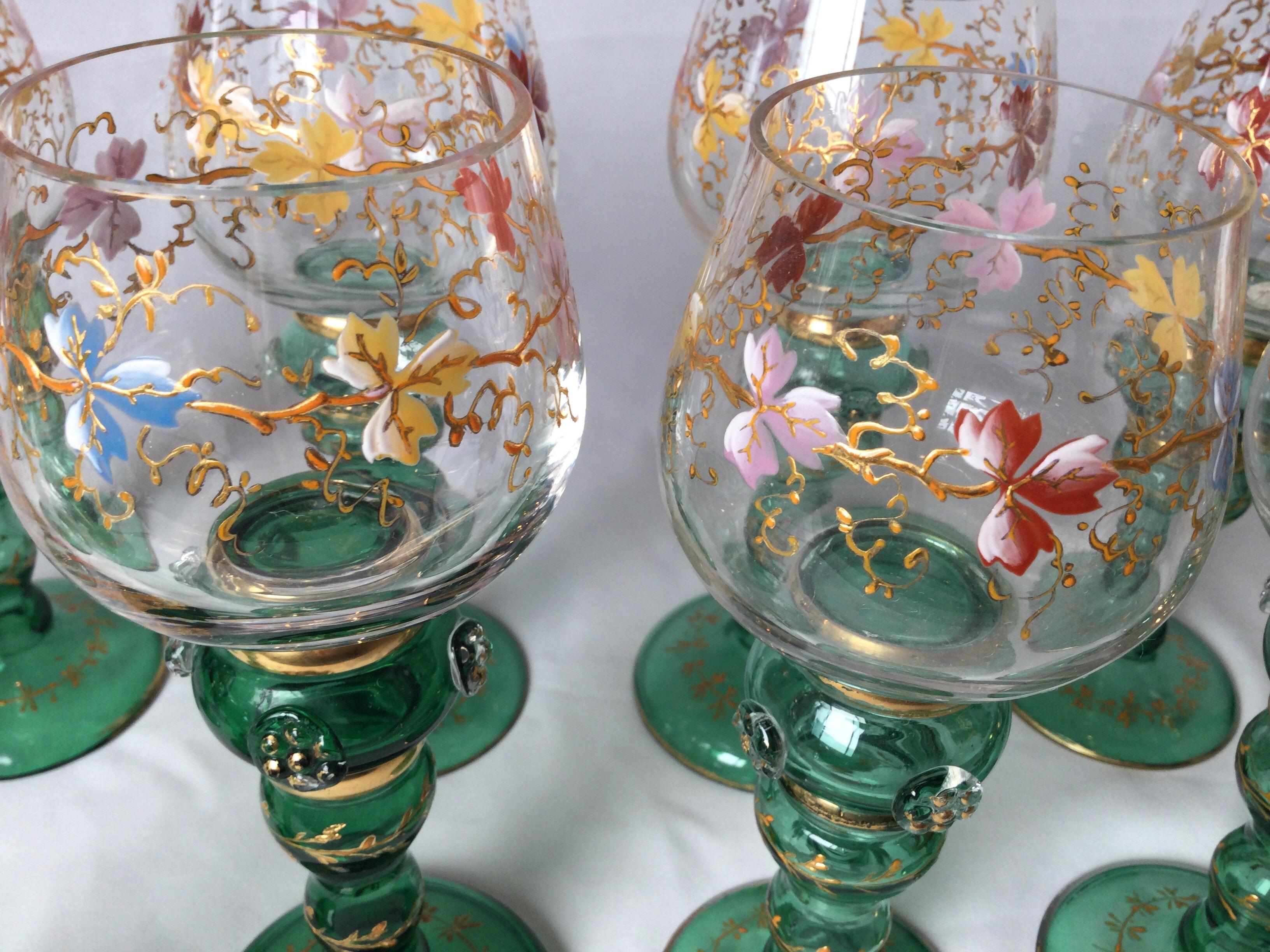 Set of 11 Moser Enameled Hand Painted Hand Blown Glass Wine Glasses 1