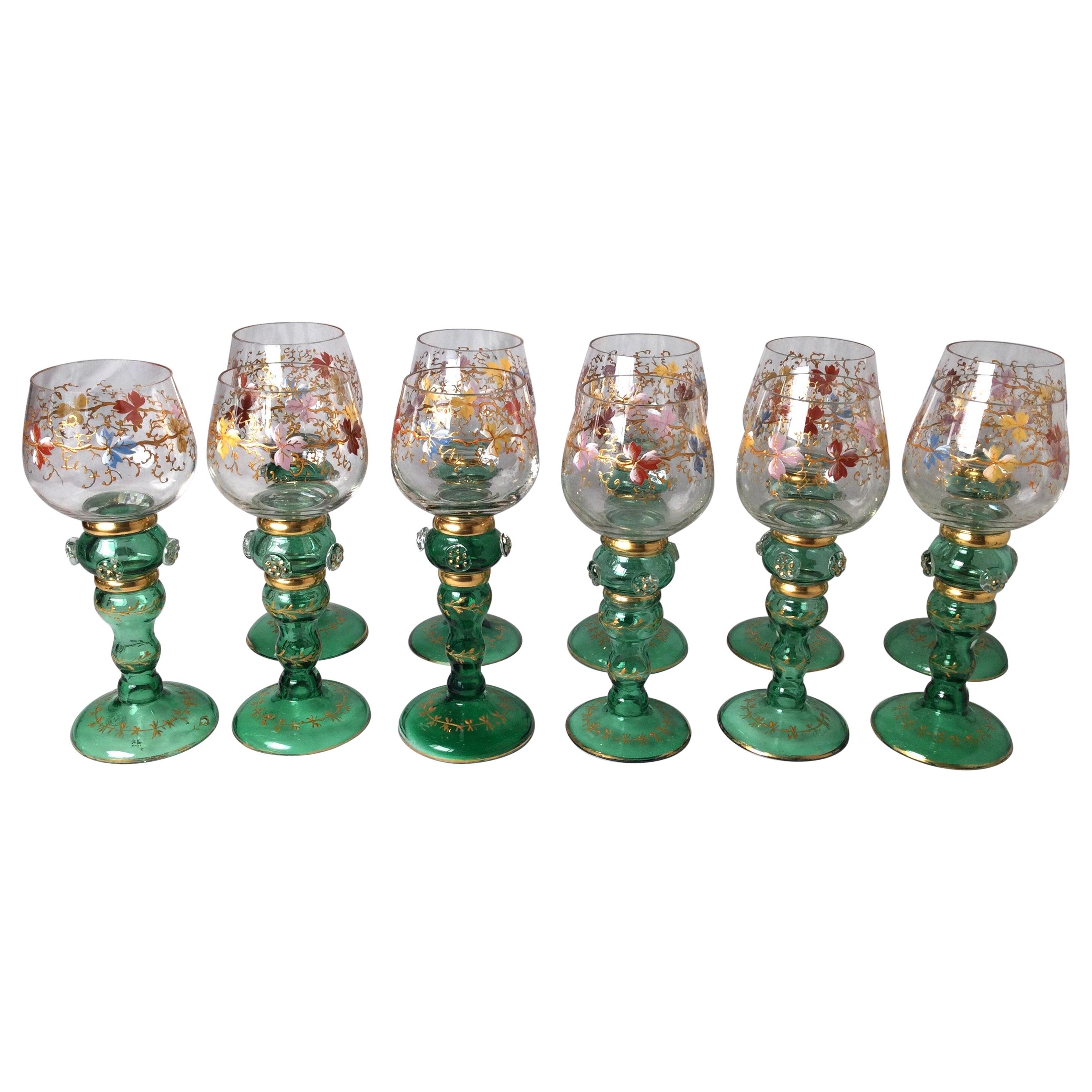 Set of 11 Moser Enameled Hand Painted Hand Blown Glass Wine Glasses