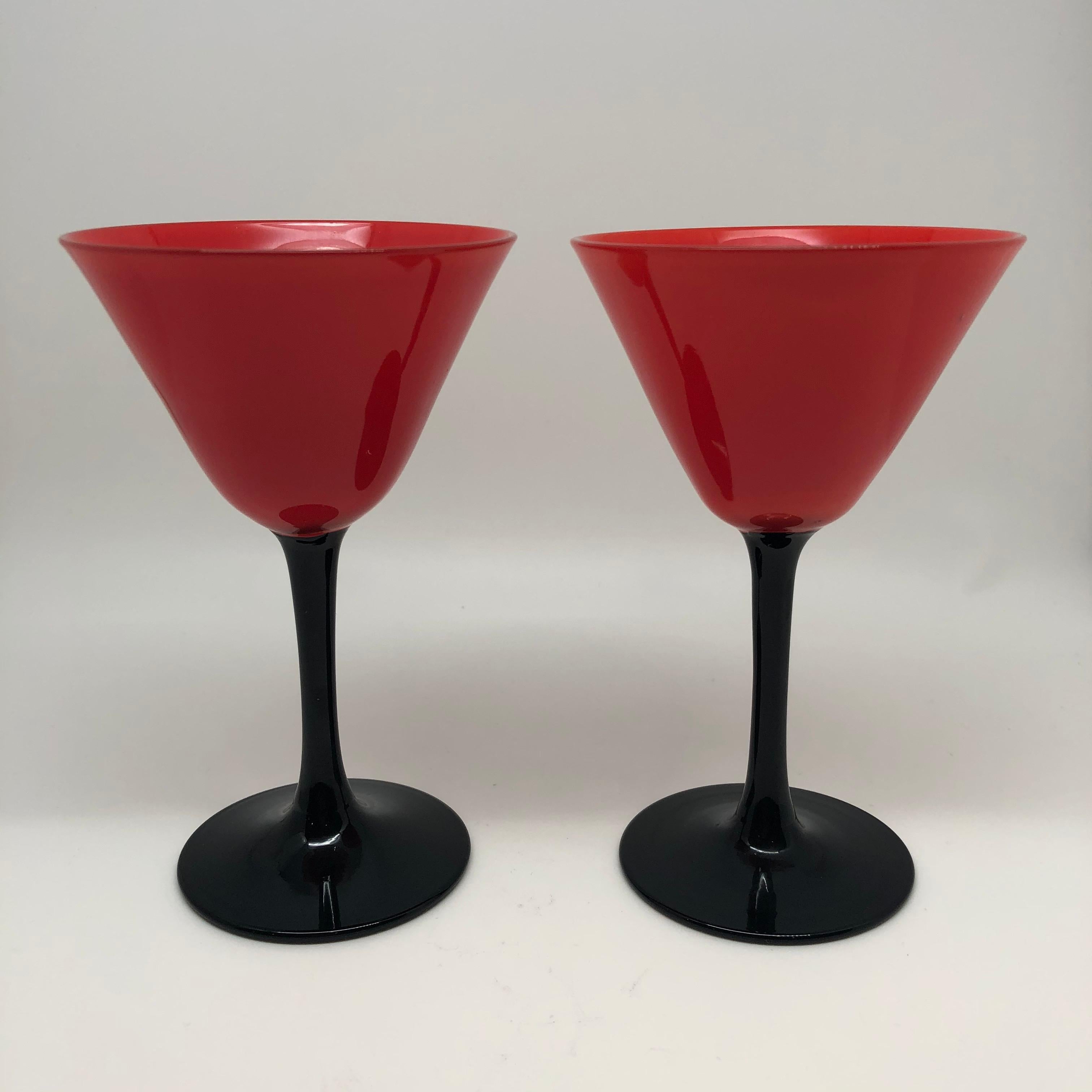 American Set of 11 Pairpoint Art Deco Stemware Glasses with Red Tops and Black Stems
