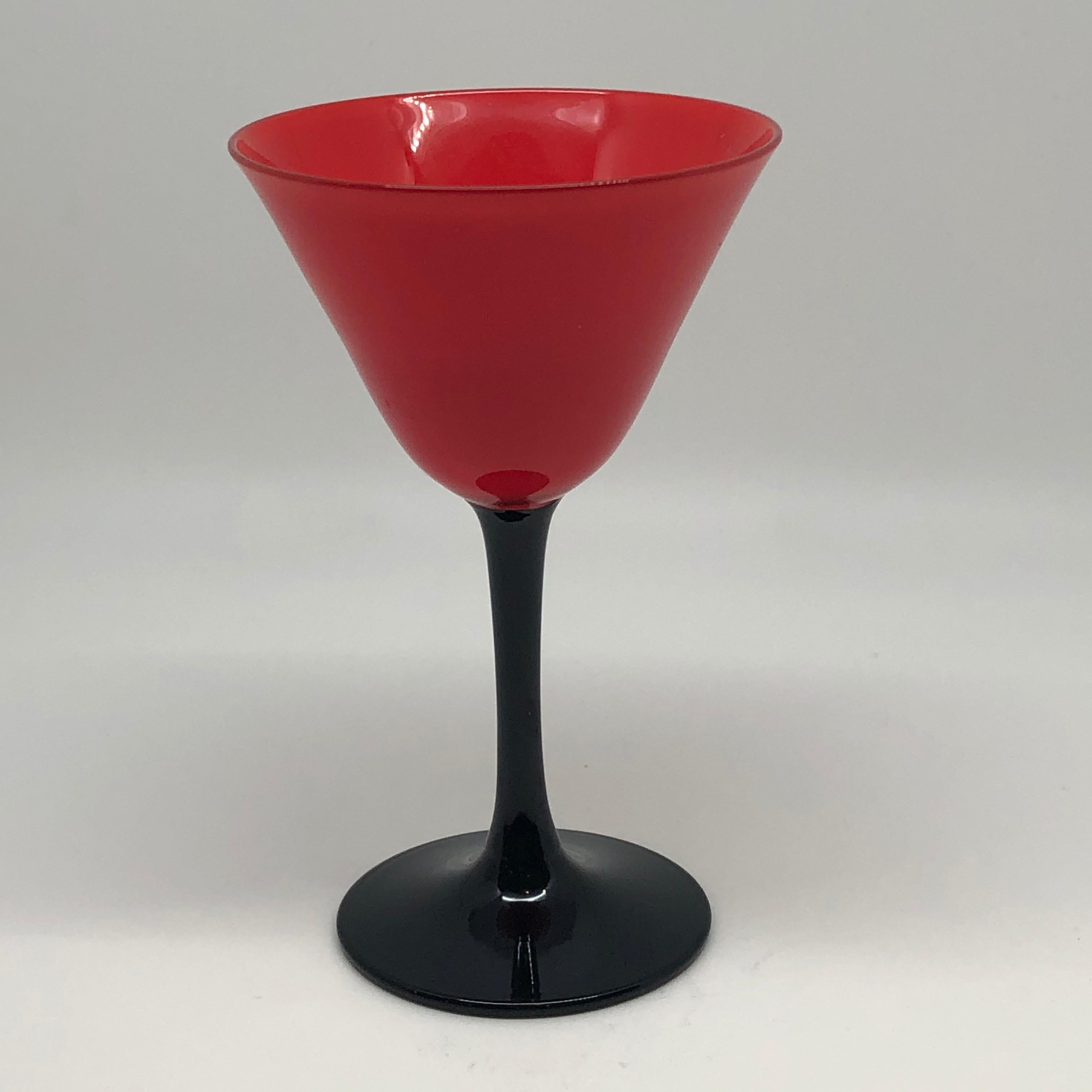 Early 20th Century Set of 11 Pairpoint Art Deco Stemware Glasses with Red Tops and Black Stems