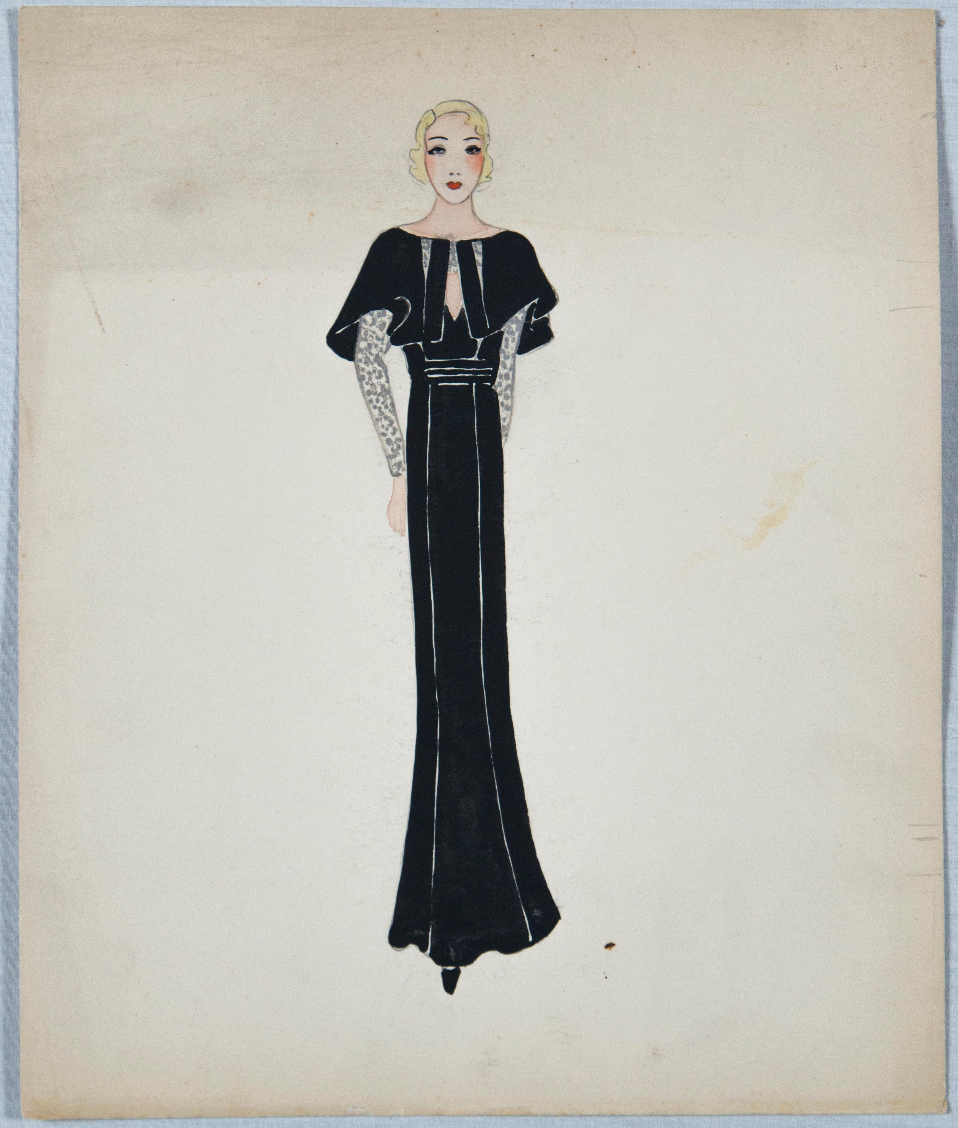 Charming artist's set of eleven 1930s fashion drawings/watercolors from Paris. Drawing are done on heavy card stock. Patou, Gaston, Molyneaux are named designers. They are various sizes. Three are approximately 7.5 x 10. Eight are approximately 9.5