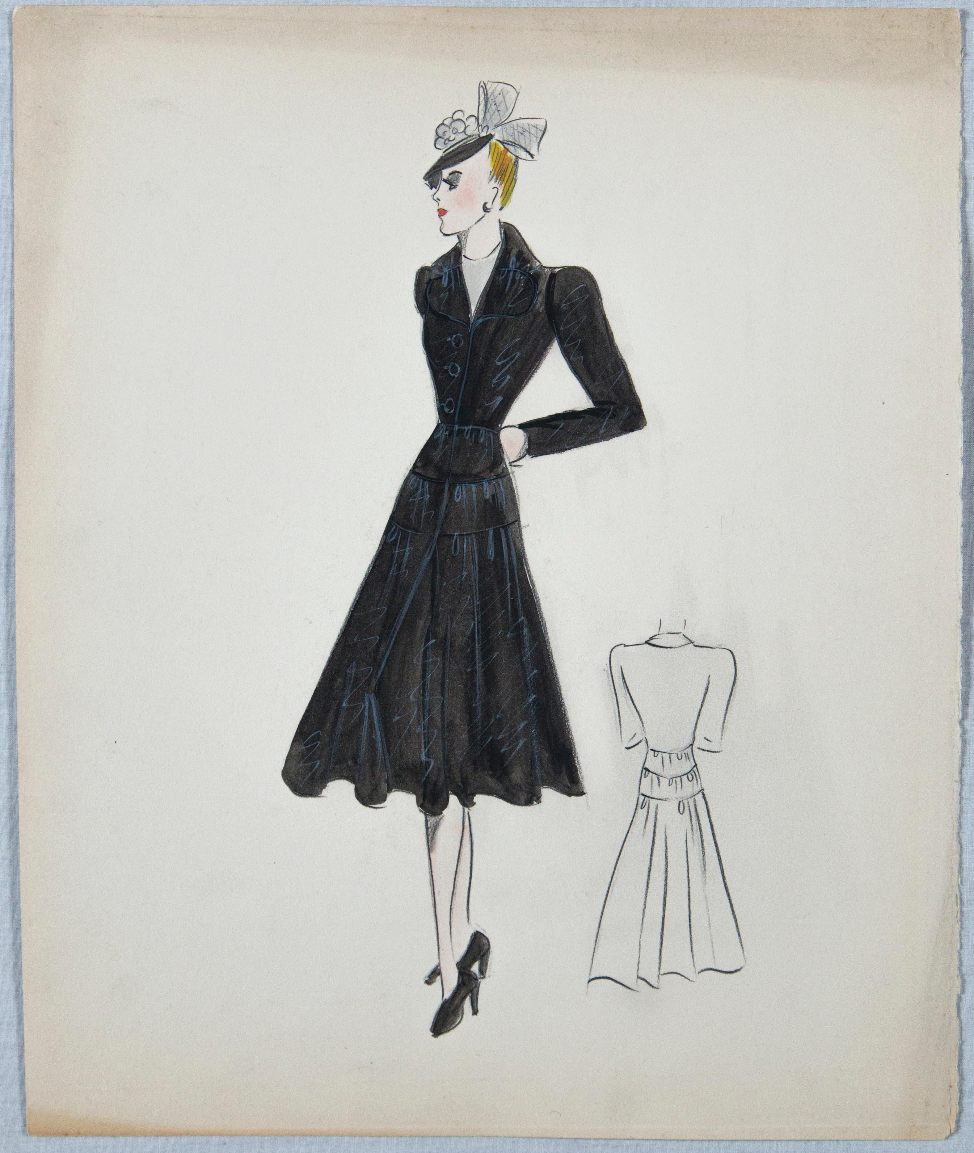 Paper Set of 11 Paris Fashion Drawings, circa 1930