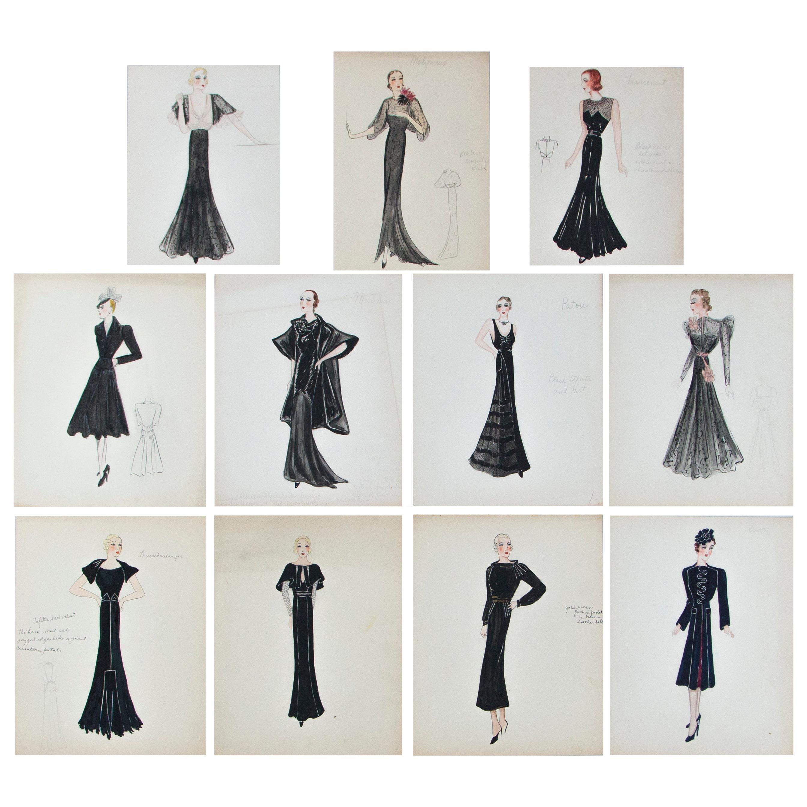 Set of 11 Paris Fashion Drawings, circa 1930