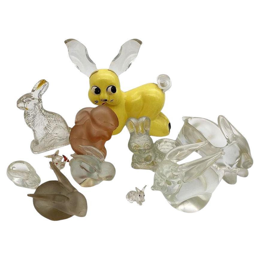 Set of 11 Rare Modernist Glass 
Lucite Bunny Rabbit Figural Collection For Sale
