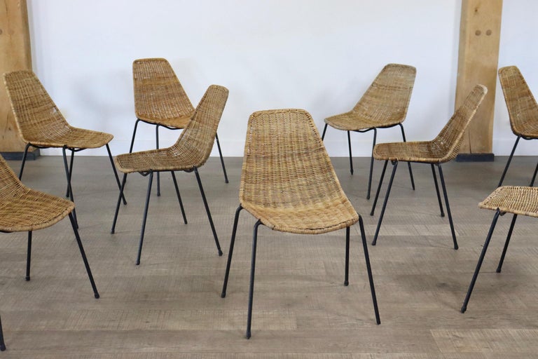 Set of 11 Rattan Basket Dining Chairs by Gian Franco Legler, 1950s at