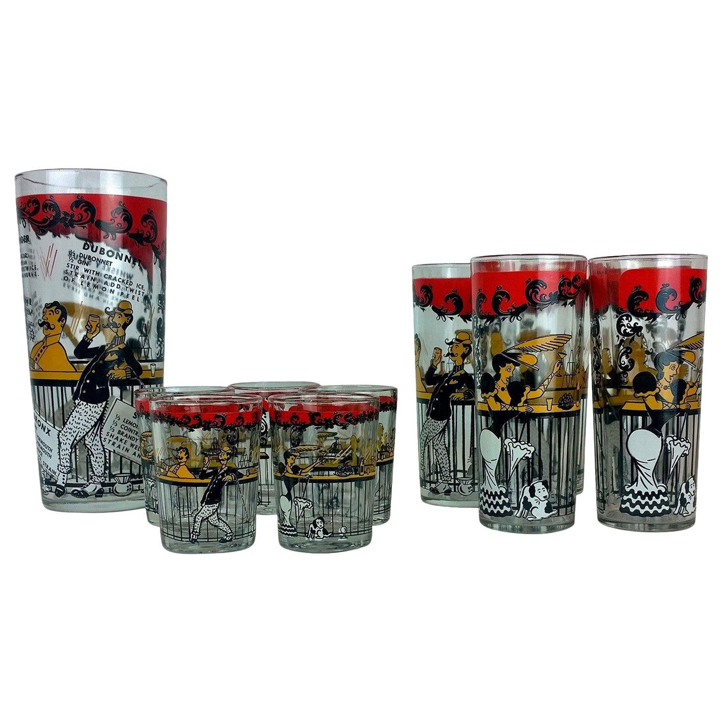 Set of 11 Red, Black & Gold Moulin Rouge Theme Overlay Cocktail Glasses & Shaker For Sale