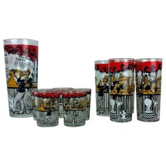 Vintage Set of 11 Red, Black & Gold Moulin Rouge Theme Overlay Cocktail Glasses & Shaker