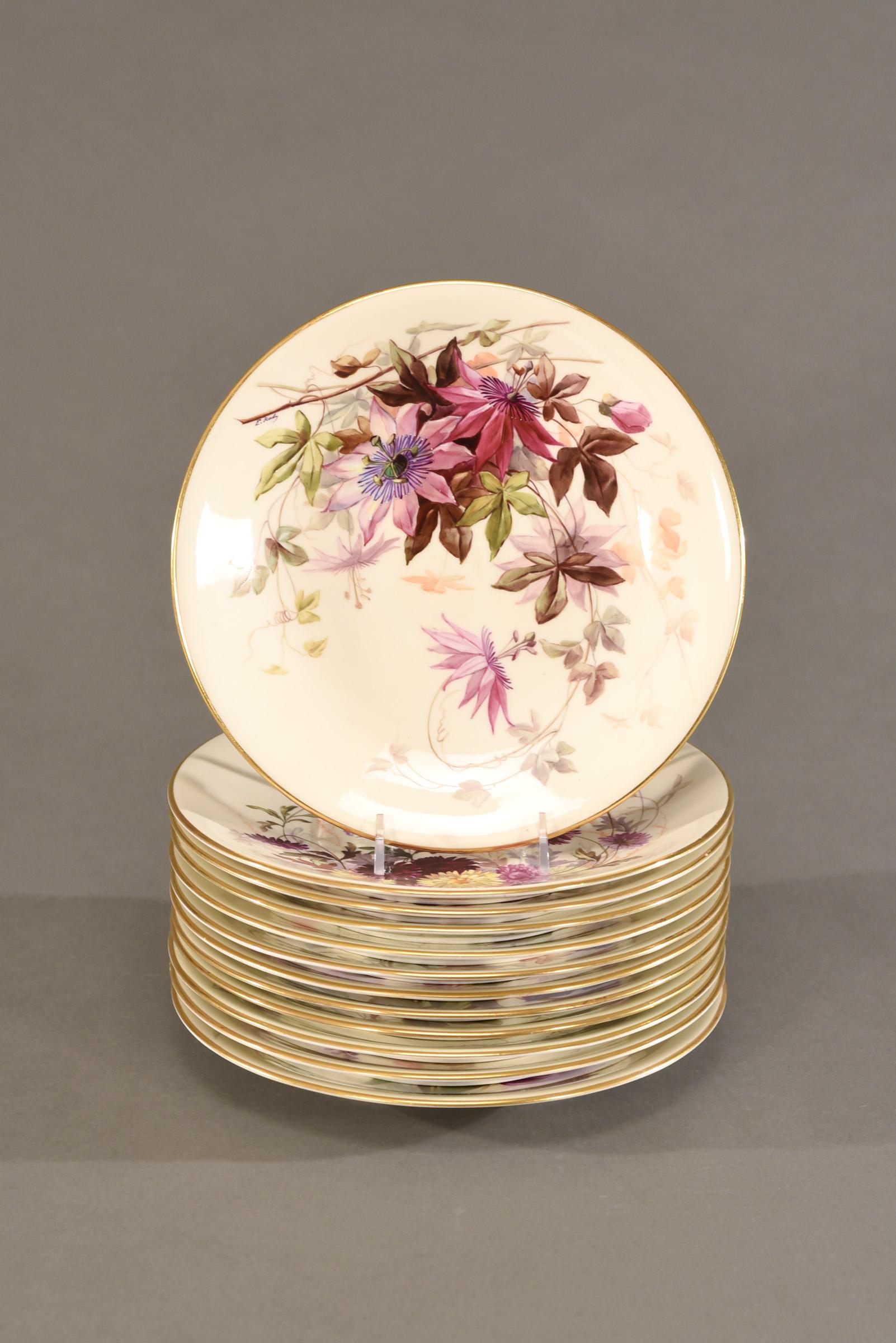Porcelain Set of 11 Royal Worcester Aesthetic Movement Dessert Plates Signed E. Raby For Sale
