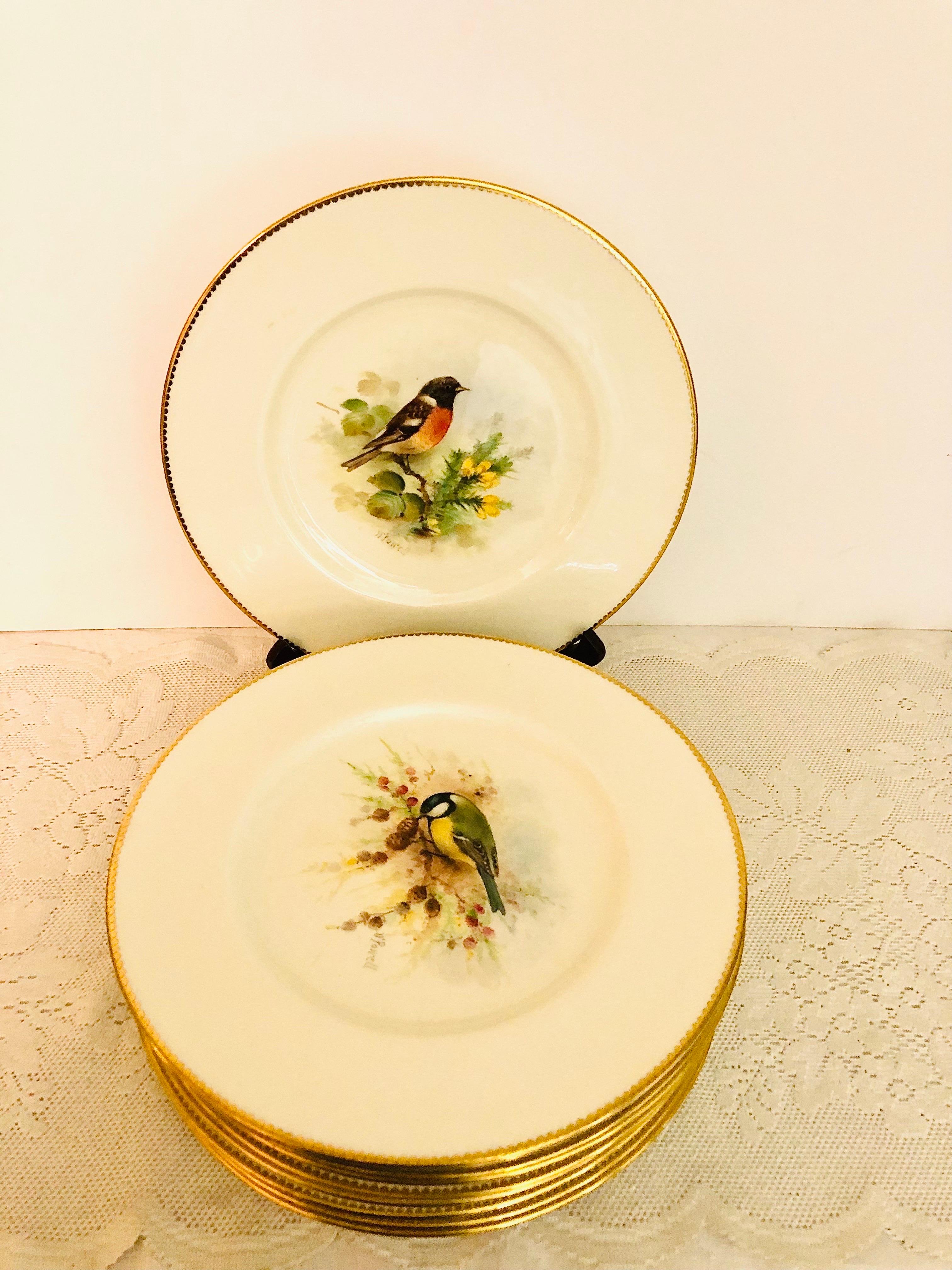 Set of 11 Royal Worcester Dinner Plates Each Painted with Different Birds 10