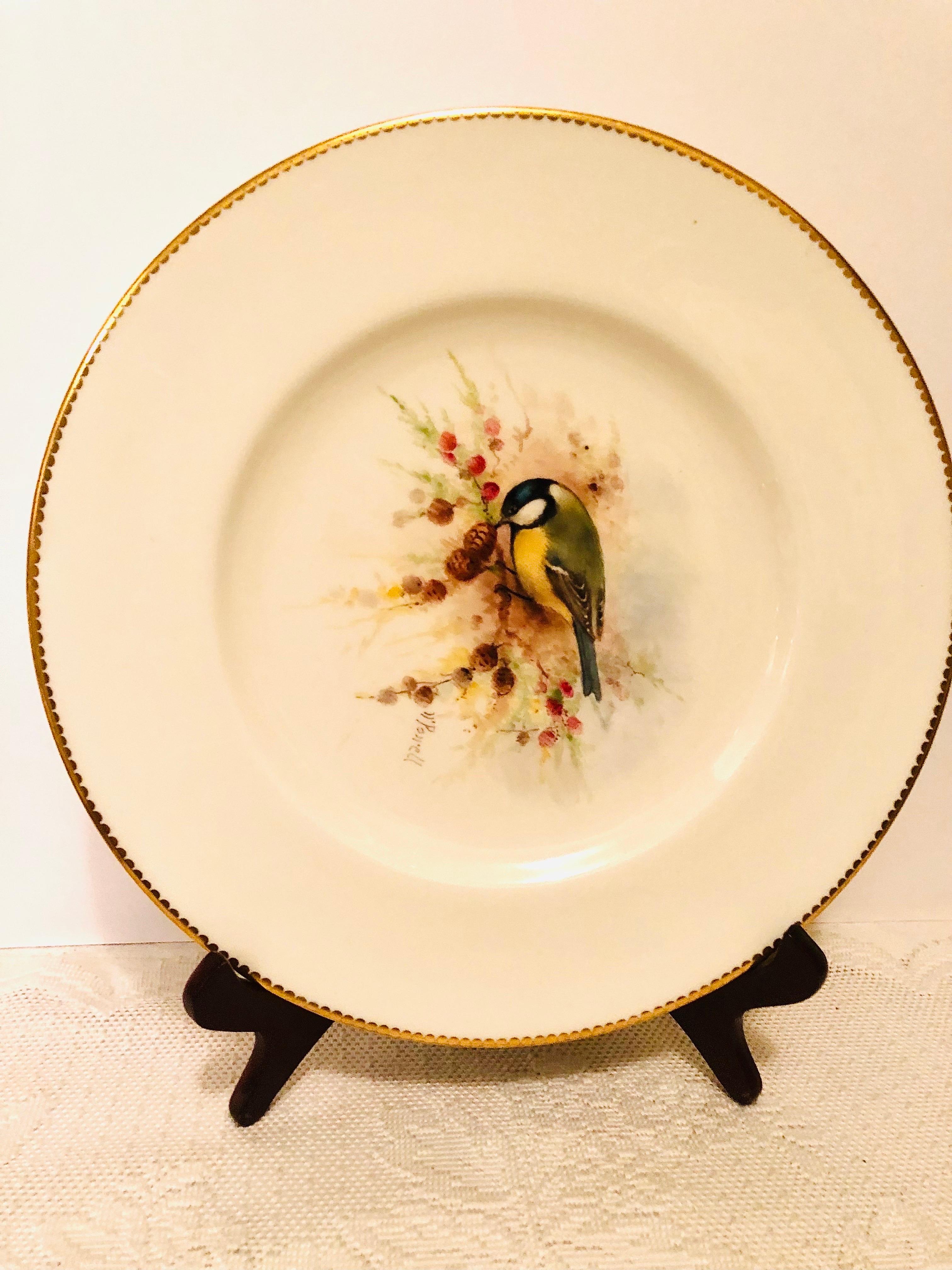 Porcelain Set of 11 Royal Worcester Dinner Plates Each Painted with Different Birds