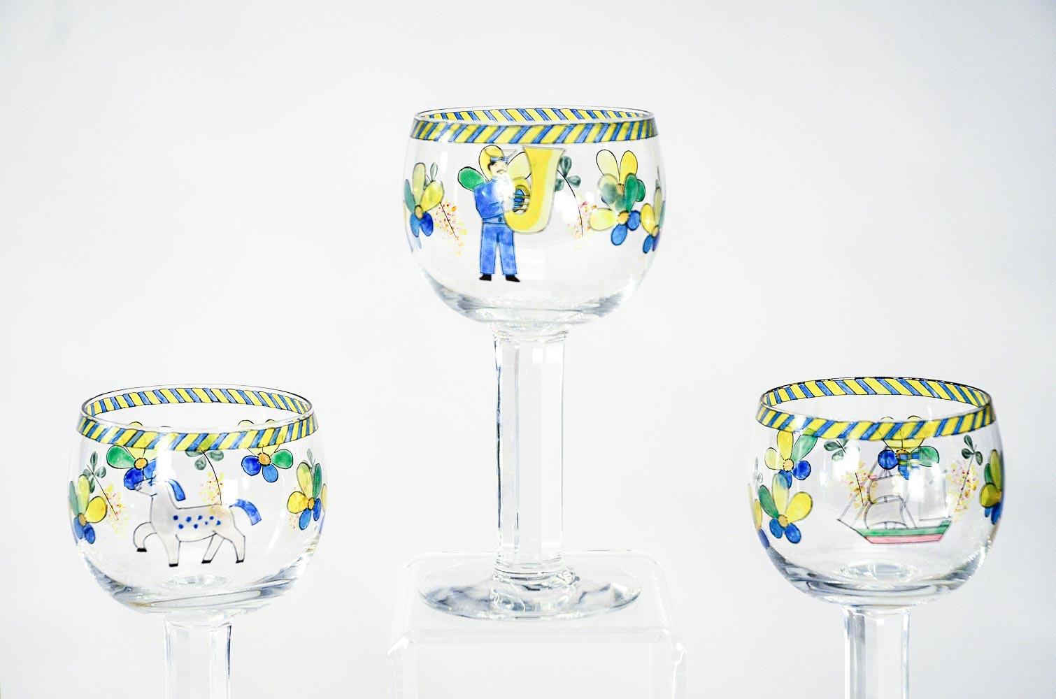 Swedish Set of 11 Signed Orrefors Hand Painted Enamel Goblets W/ Whimsical Decoration  For Sale