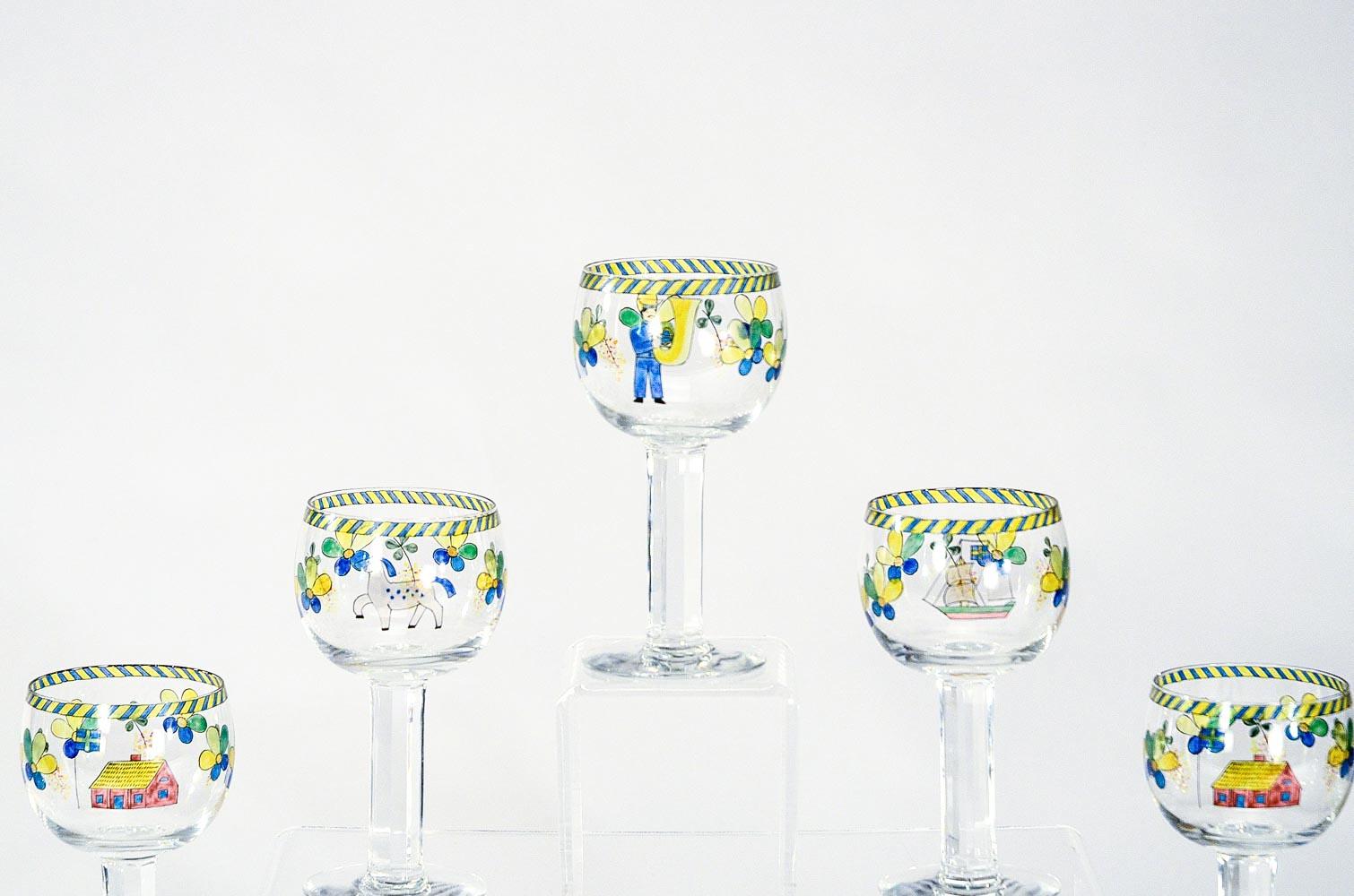 Enameled Set of 11 Signed Orrefors Hand Painted Enamel Goblets W/ Whimsical Decoration  For Sale