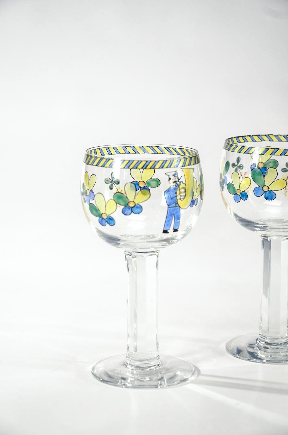 Blown Glass Set of 11 Signed Orrefors Hand Painted Enamel Goblets W/ Whimsical Decoration  For Sale