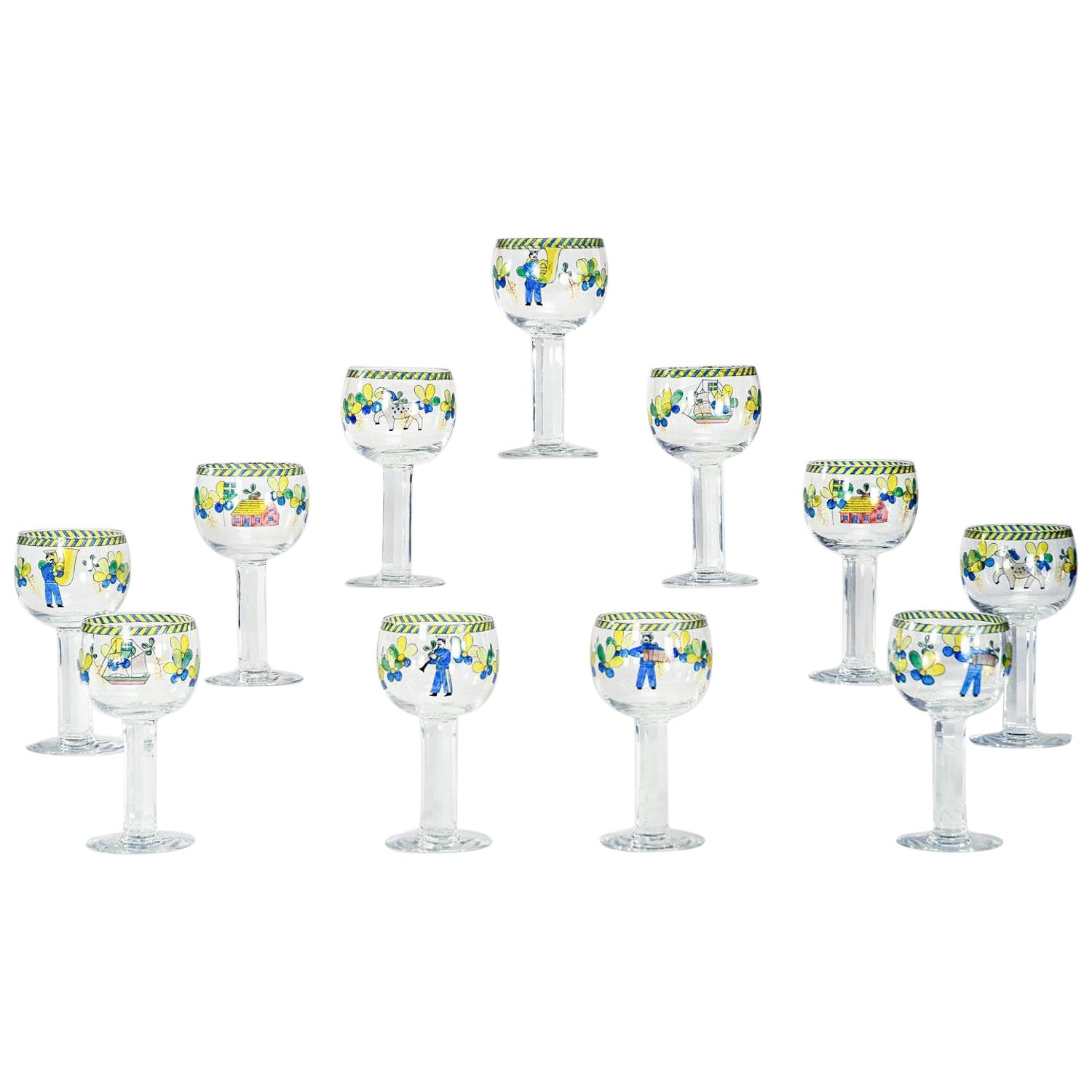 Set of 11 Signed Orrefors Hand Painted Enamel Goblets W/ Whimsical Decoration
