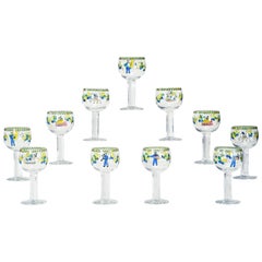 Set of 11 Signed Orrefors Hand Painted Enamel Goblets W/ Whimsical Decoration