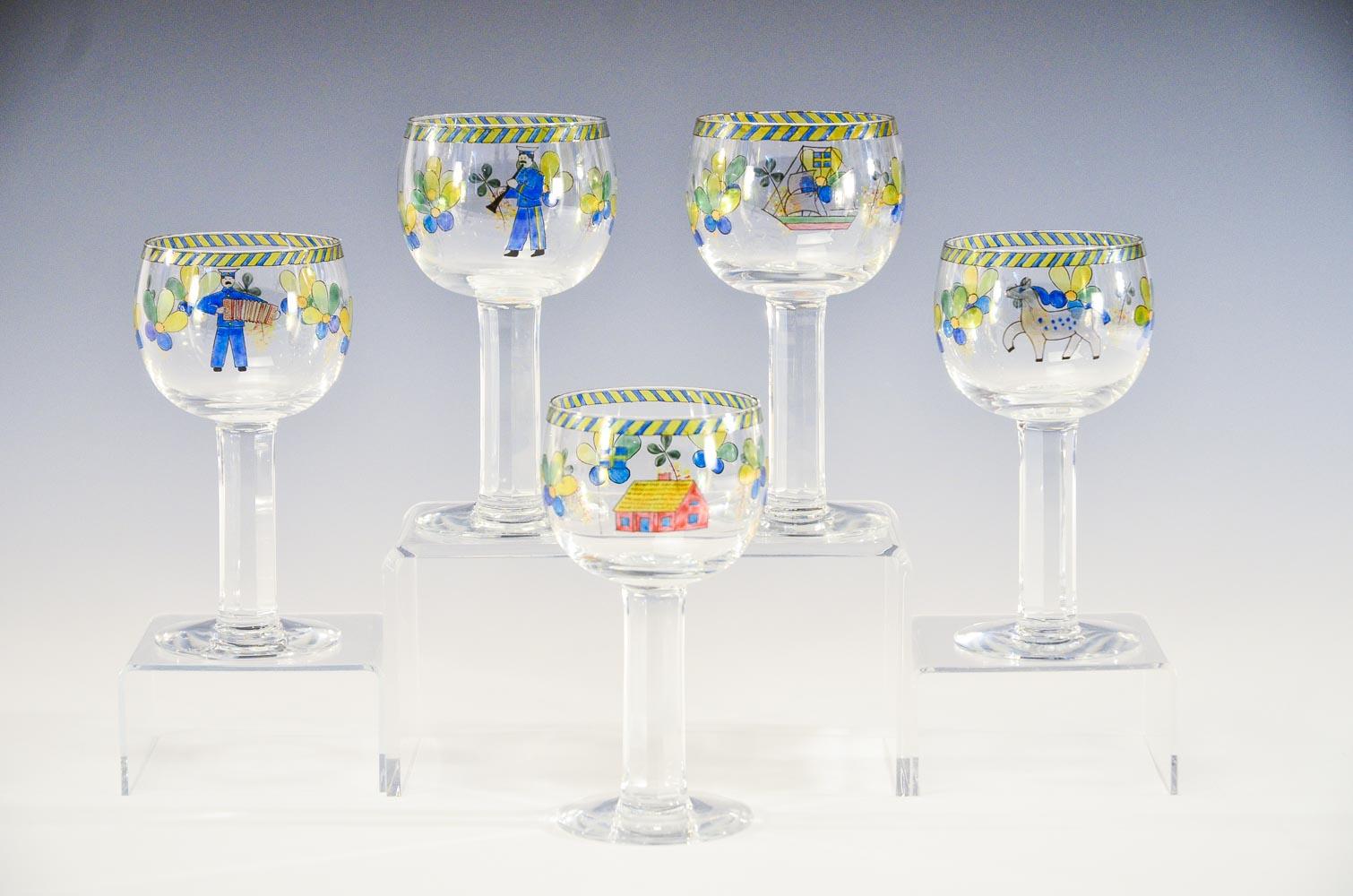 Set of 11 Signed Orrefors Handpainted Enamel Goblets W/ Whimsical Decoration  1