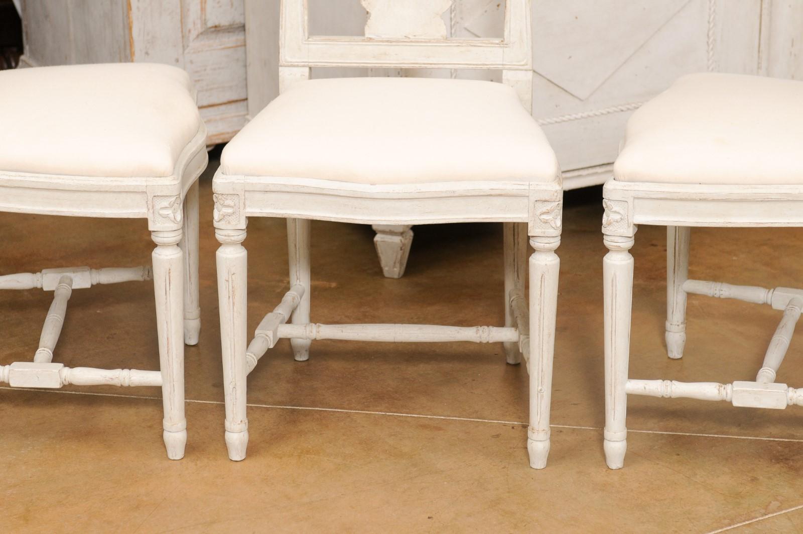Set of 11 Swedish Painted Dining Room Chairs with Carved Splats and Upholstery For Sale 7