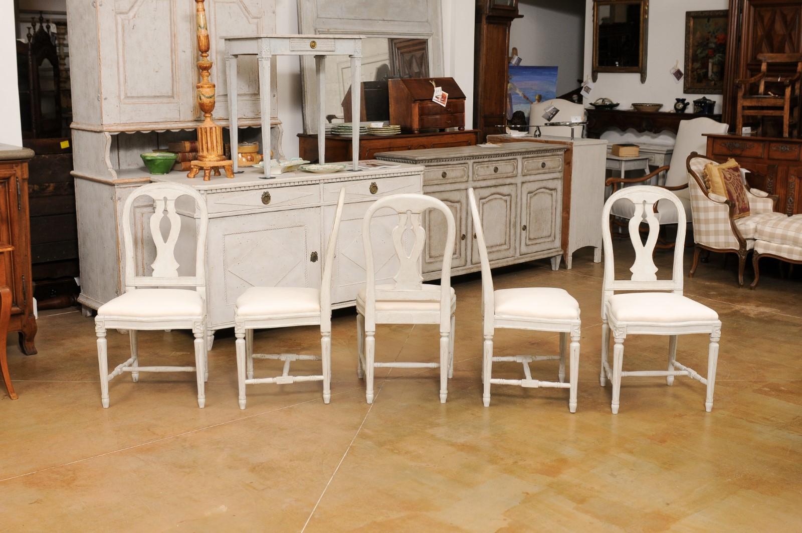 Set of 11 Swedish Painted Dining Room Chairs with Carved Splats and Upholstery For Sale 8